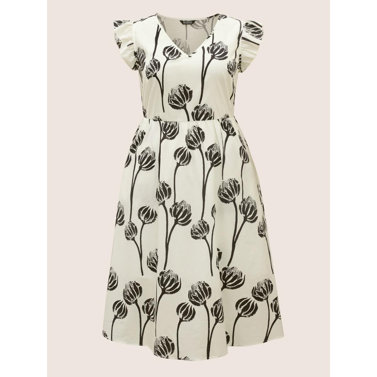 Plus Size V Neck Floral Print Ruffle Cap Sleeve Dress WhiteSmoke Women Elegant Ruffles V-neck Cap Sleeve Curvy BloomChic 10/M Product Image