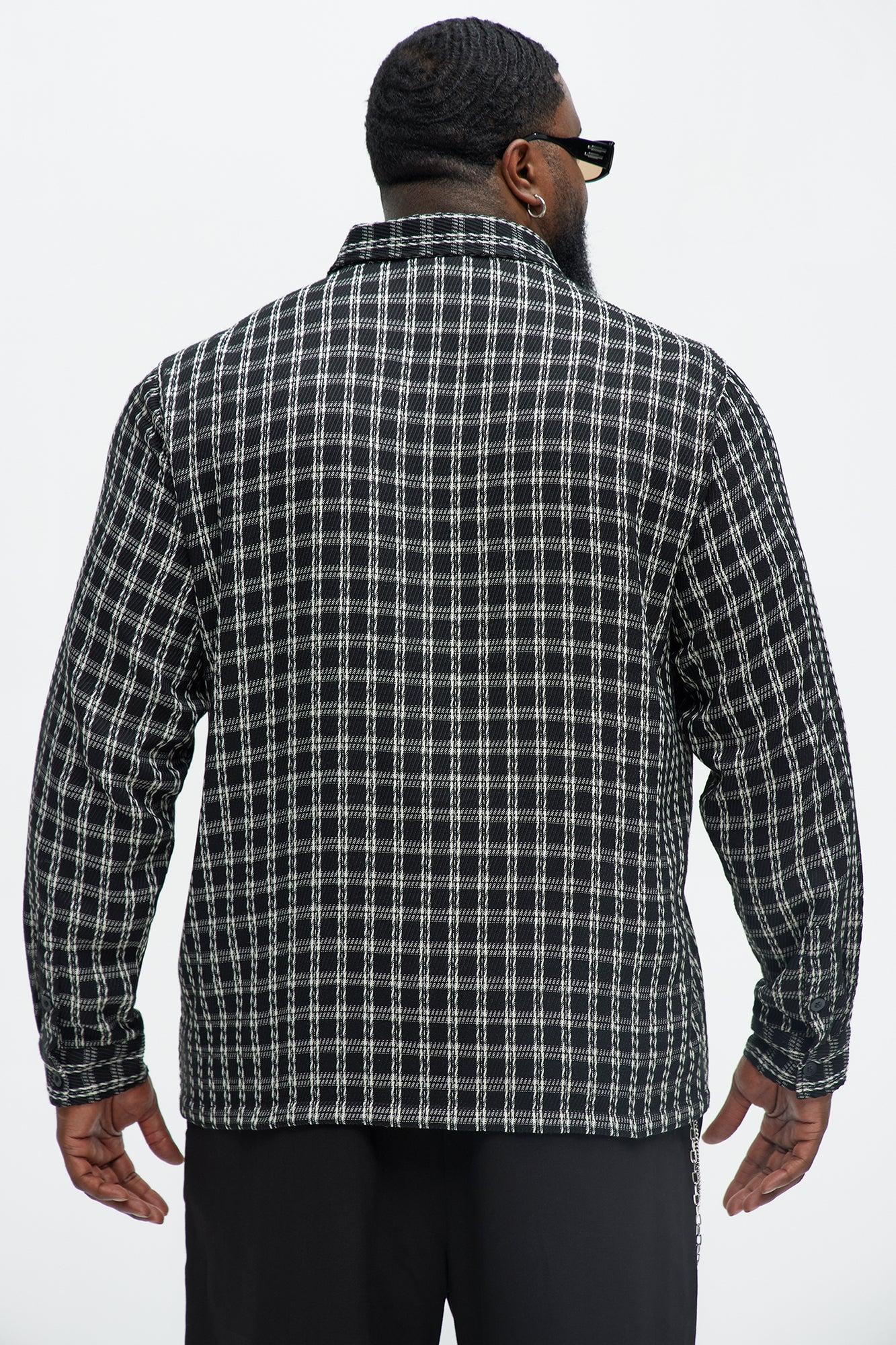 Jacquard Twill Plaid Long Sleeve Button Up - Black/White Product Image