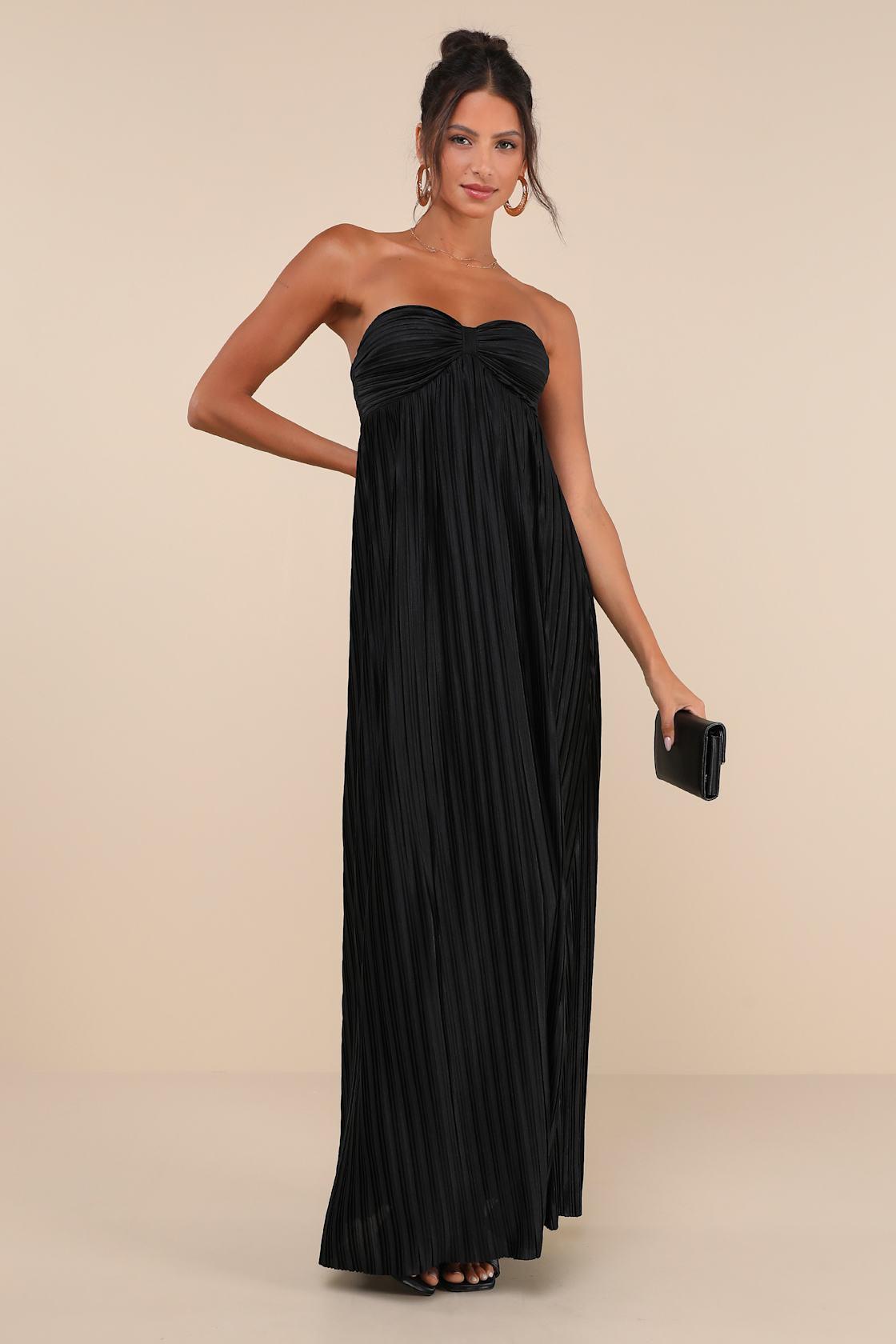 Whimsical Beauty Black Satin Plisse Strapless Maxi Dress Product Image
