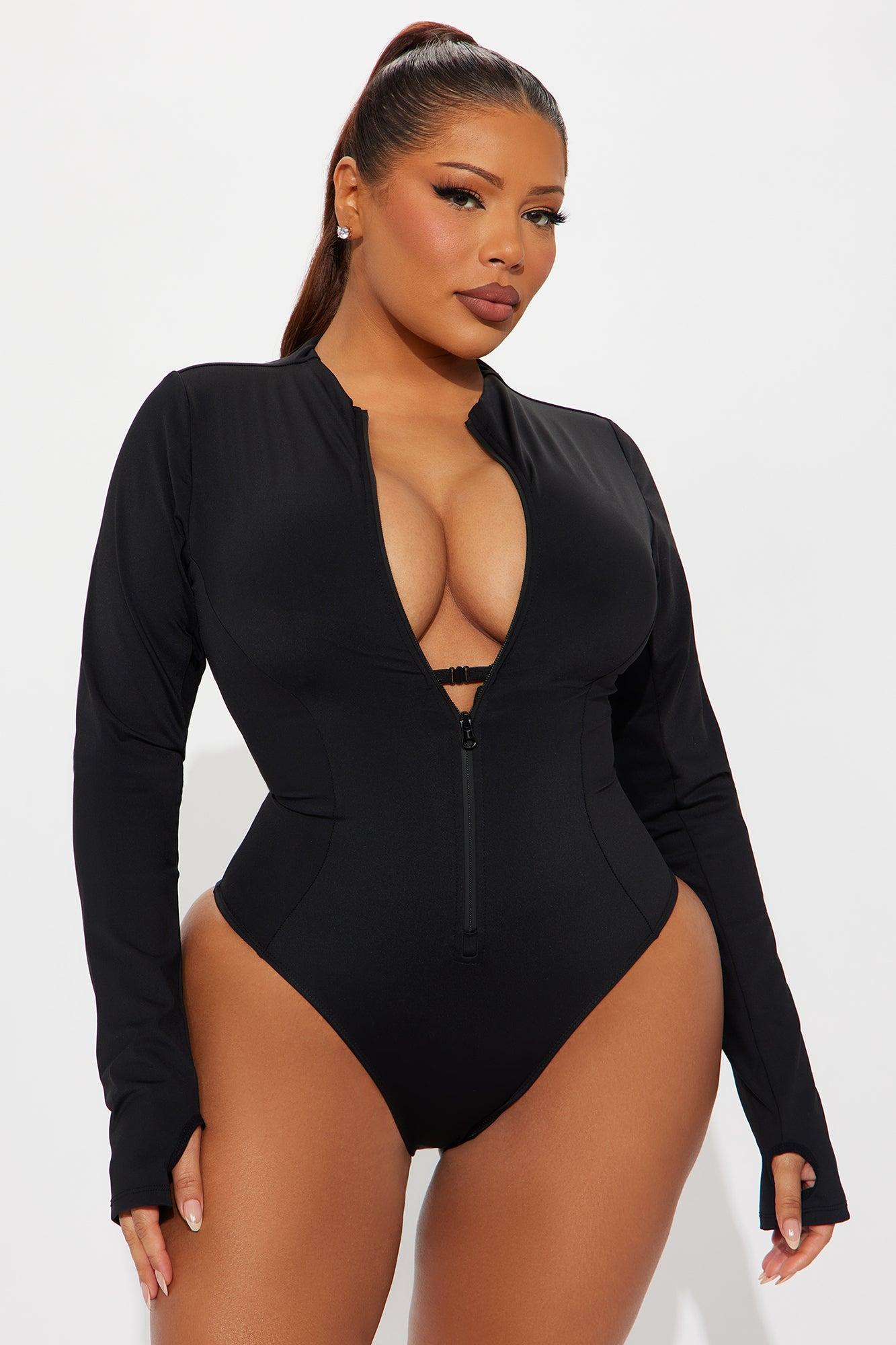 Delvina Snatched Sculpting Lace Up Long Sleeve 1 Piece Swimsuit Rashguard - Black Female Product Image