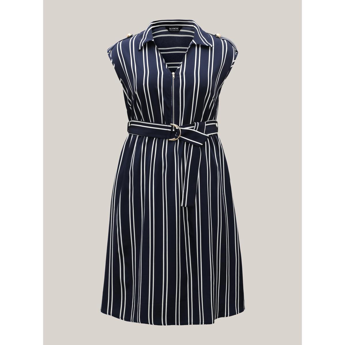 Plus Size Stripe Print Zipper Belted Midi Dress Navy Women Office Zipper Shirt collar Sleeveless Curvy BloomChic 22-24/3X Product Image