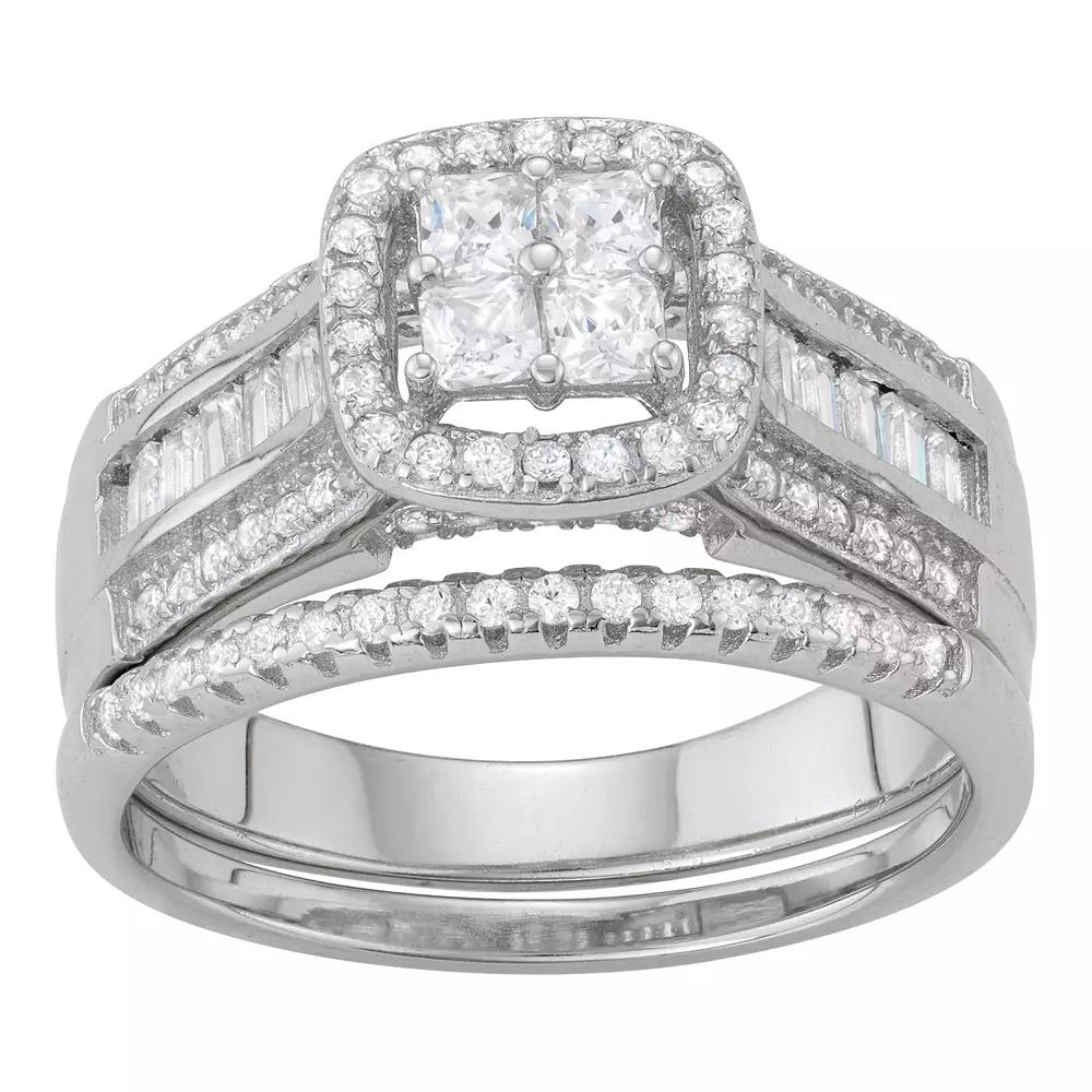 Designs by Gioelli Sterling Silver Lab-Created White Sapphire Square Ring Set, Womens Pink Tone Product Image