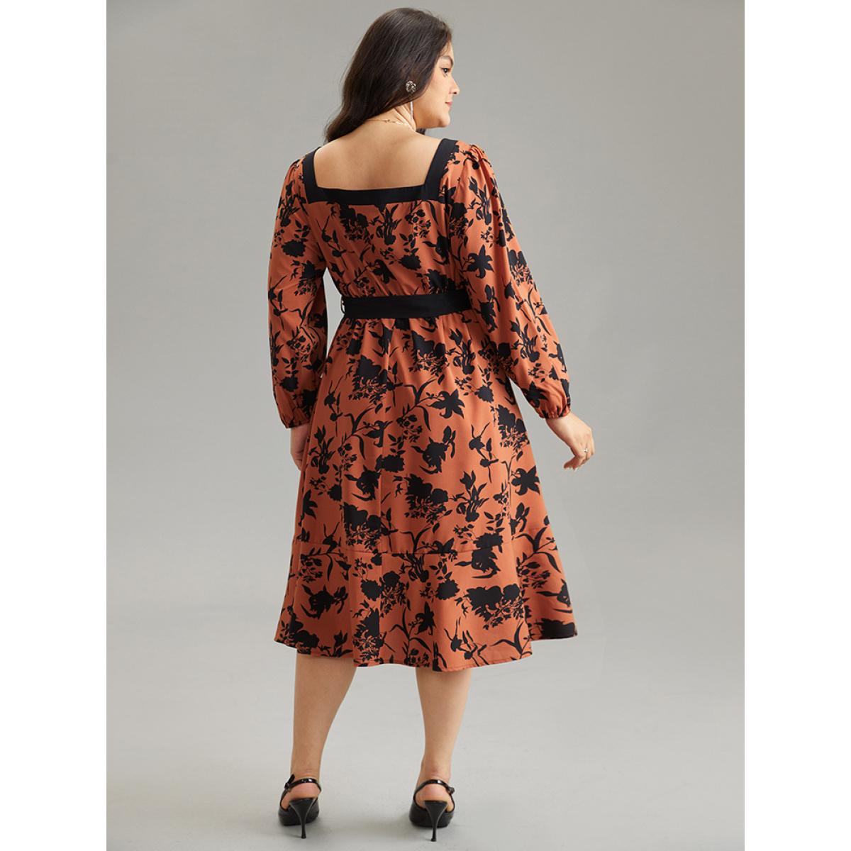 Plus Size Silhouette Floral Print Square Neck Belted Dress Chocolate Women Office Elastic cuffs Square Neck Long Sleeve Curvy Midi Dress BloomChic 18-20/2X Product Image