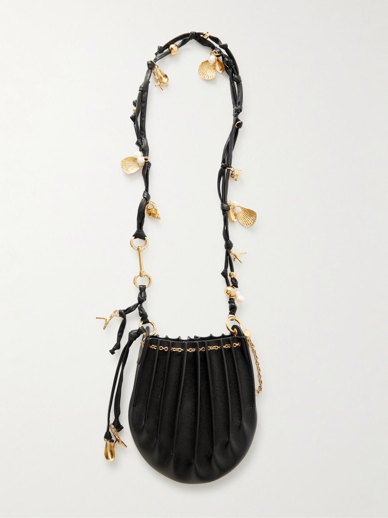 CHLOÉ Sea Treasures Embellished Pleated Leather Shoulder Bag In Black Product Image