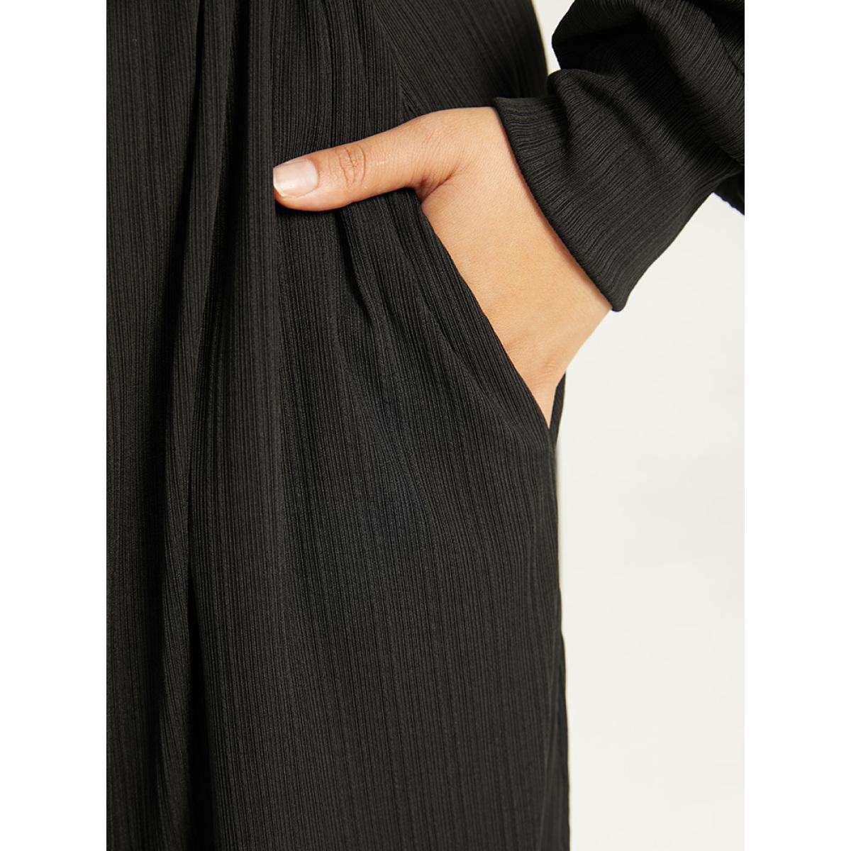 Plus Size Rib Knit Solid Pocket Pleated Belted Dress Black Women Casual Plain Round Neck Long Sleeve Curvy Midi Dress BloomChic 10/M Product Image