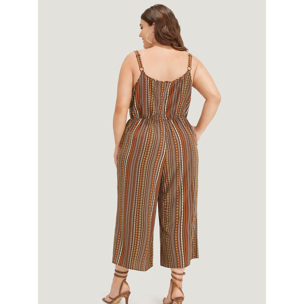 Plus Size DarkBrown Bandana Print Pocket Adjustable Straps Wrap Cami Jumpsuit Women Elegant Sleeveless Spaghetti Strap Dailywear Loose Jumpsuits BloomChic 12/L Product Image