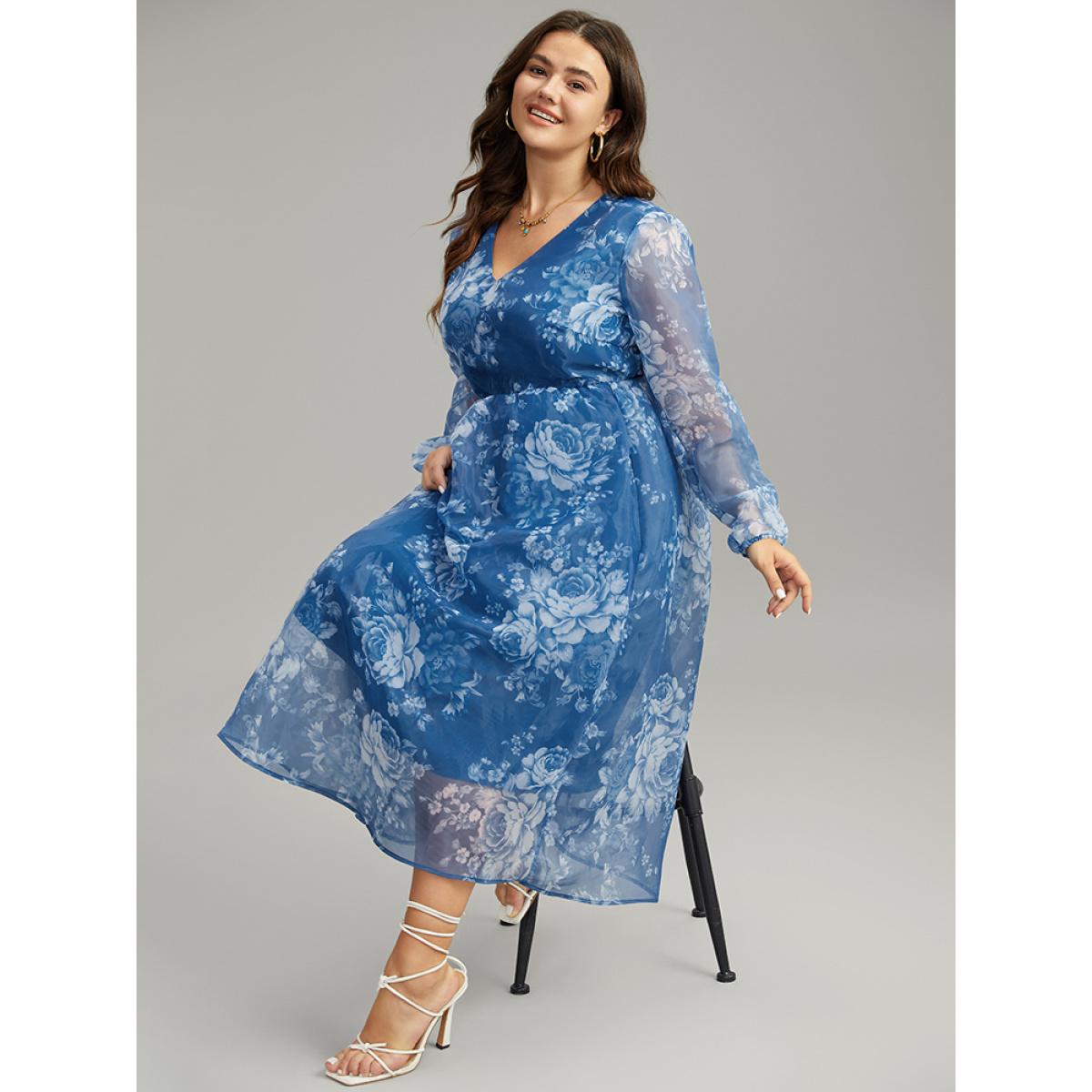 Plus Size Silhouette Floral Print Elastic Cuffs Mesh Dress Cerulean Women Elegant Elastic cuffs V-neck Long Sleeve Curvy Midi Dress BloomChic 10/M Product Image