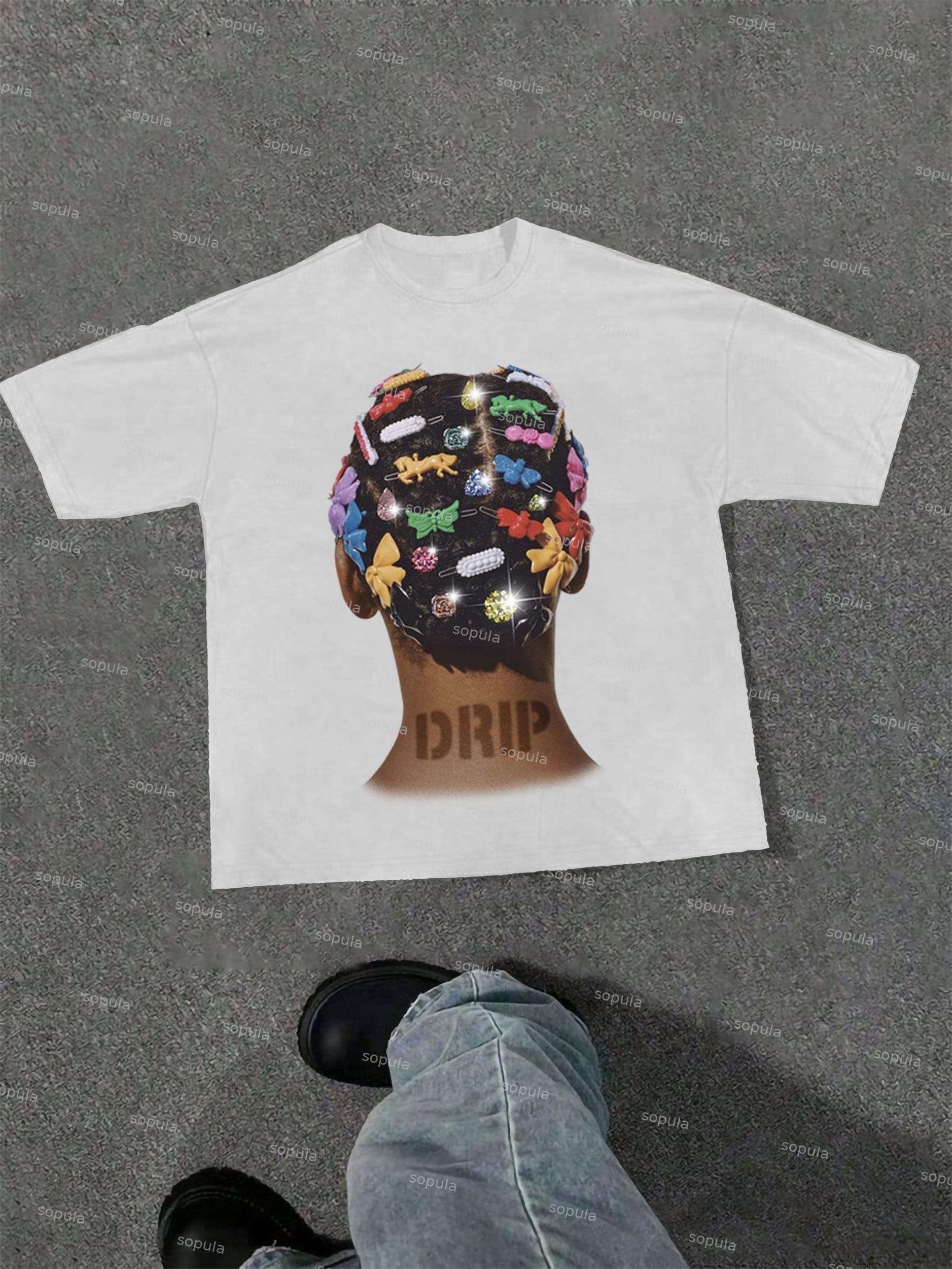 'drip' Colorful Hair Cards Diamond Headdress Graphic Cotton T-shirt Product Image