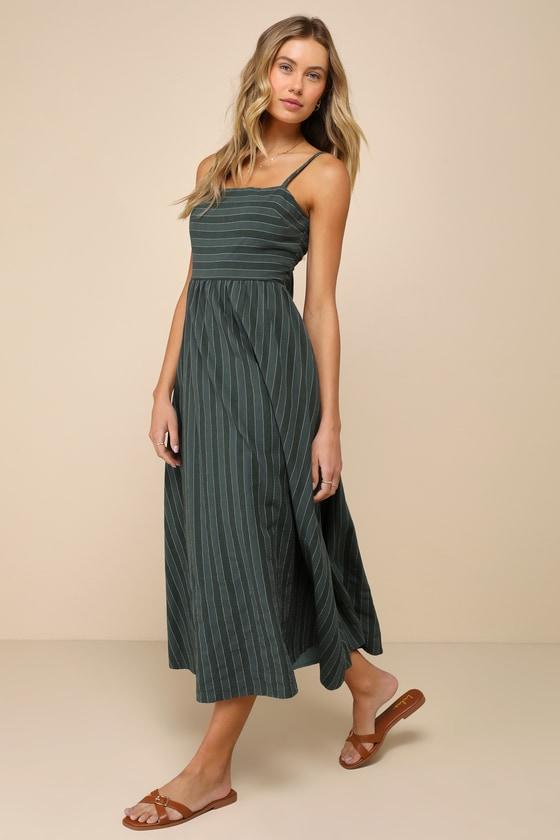 Feeling the Best Green Striped Tie-Back Midi Dress with Pockets Product Image
