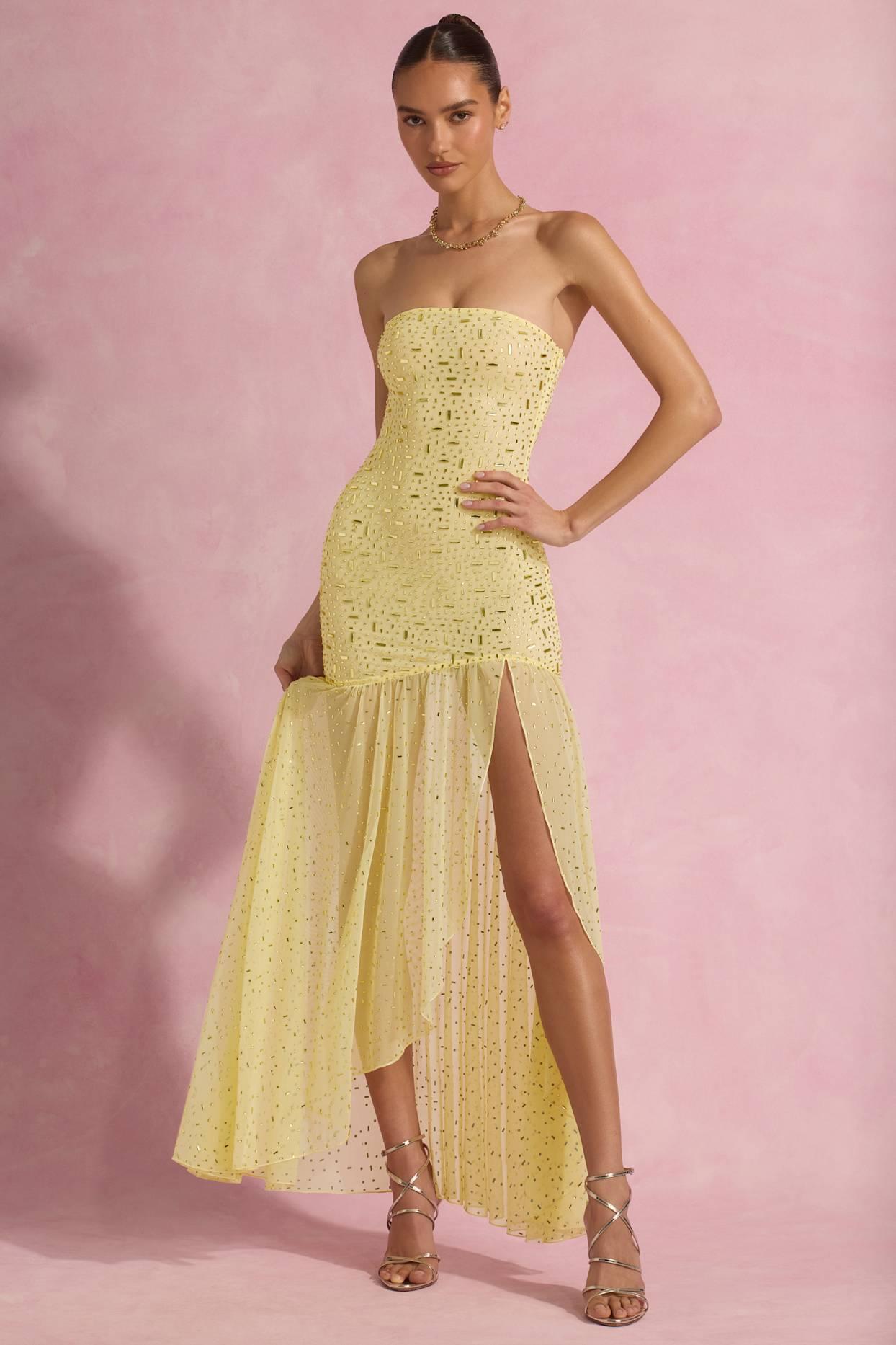 Semi-Sheer Embellished Asymmetric Maxi Dress in Yellow Product Image