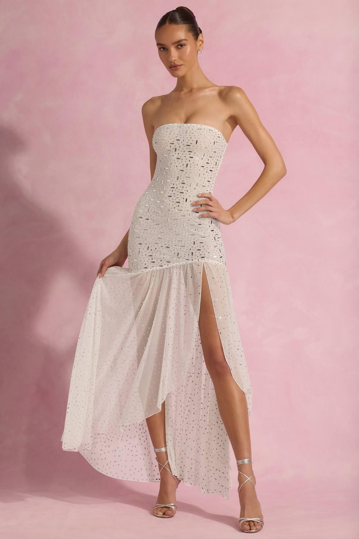 Semi-Sheer Embellished Asymmetric Maxi Dress in White Product Image