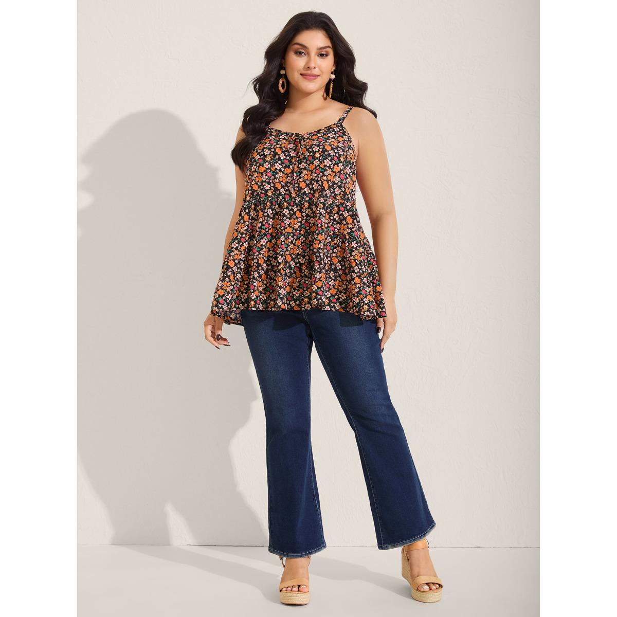 Plus Size Ditsy Floral Print Cami Tiered Tank Top Women BlackFlower Boho Tie knot Non Vacation Tank Tops Camis BloomChic 18-20/2X Product Image