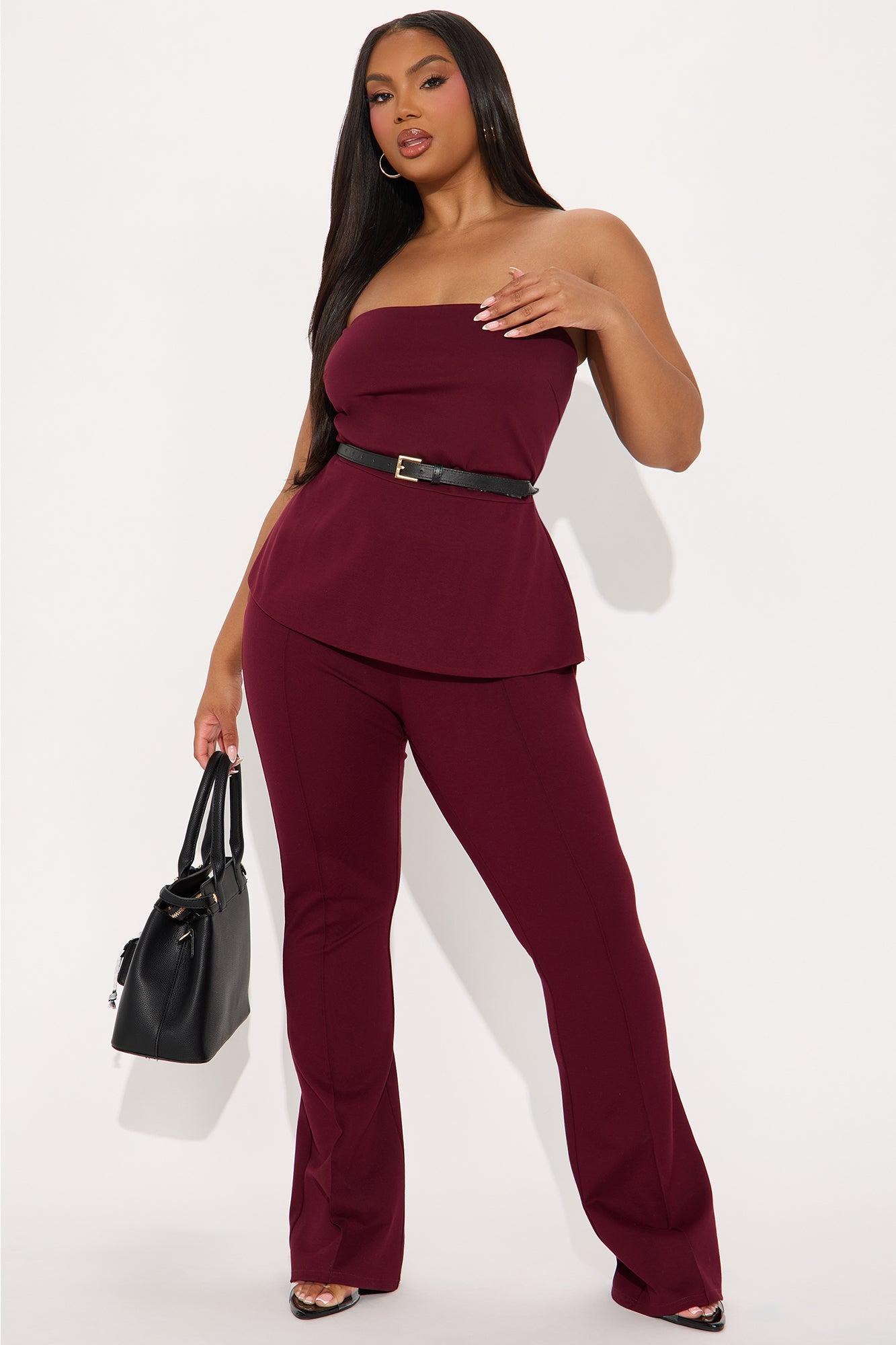 Olivia Ponte Belted Pant Set - Wine Product Image