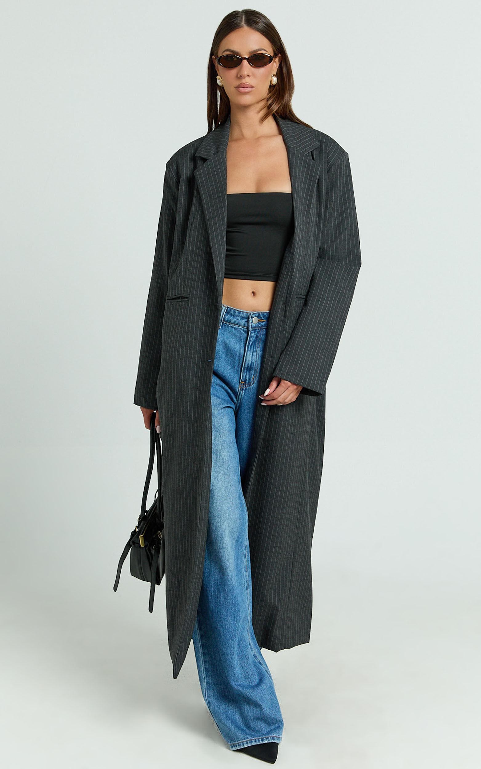 Camille Coat - Pinstripe Single Breasted Longline Coat in Charcoal Product Image