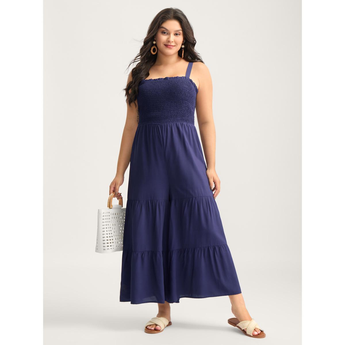 Plus Size DarkBlue Shirred Bodice Tiered Cami Jumpsuit Women Short sleeve Non Vacation Loose Jumpsuits BloomChic 12/L Product Image