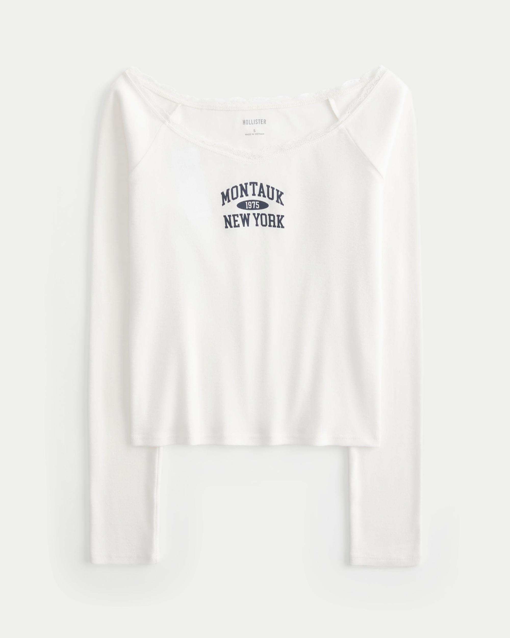 Lace Trim Off-the-Shoulder Montauk Graphic Tee Product Image