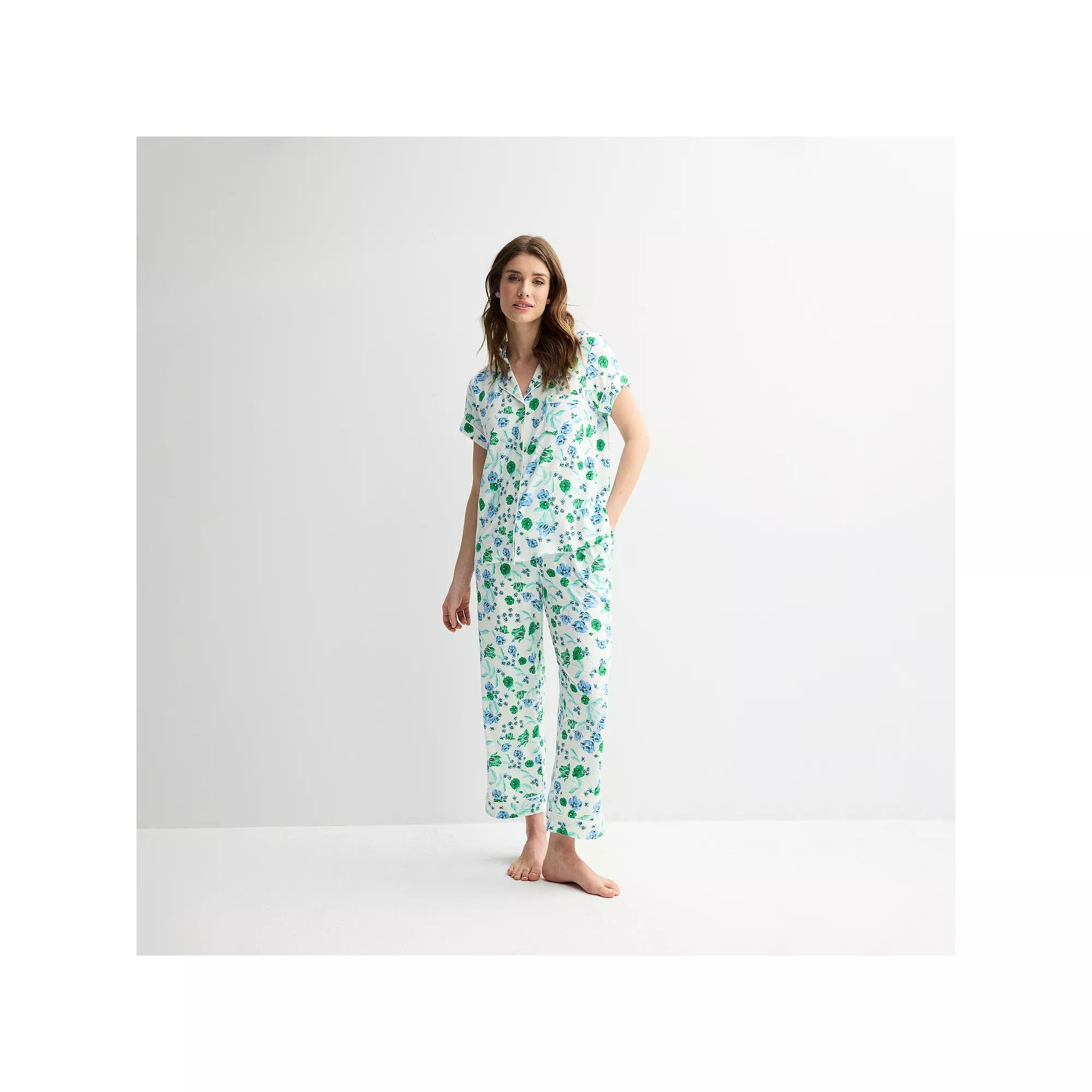 Women's Draper James 2-Piece Printed Cozy Short Sleeve Notch Collar Pajama Top & Pajama Pants Set, Size: XL, Spring Blooms Product Image