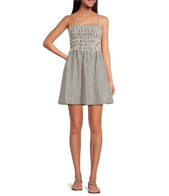 Every Knit Striped Square Neck Sleeveless Smocked A-Line Mini Dress Product Image