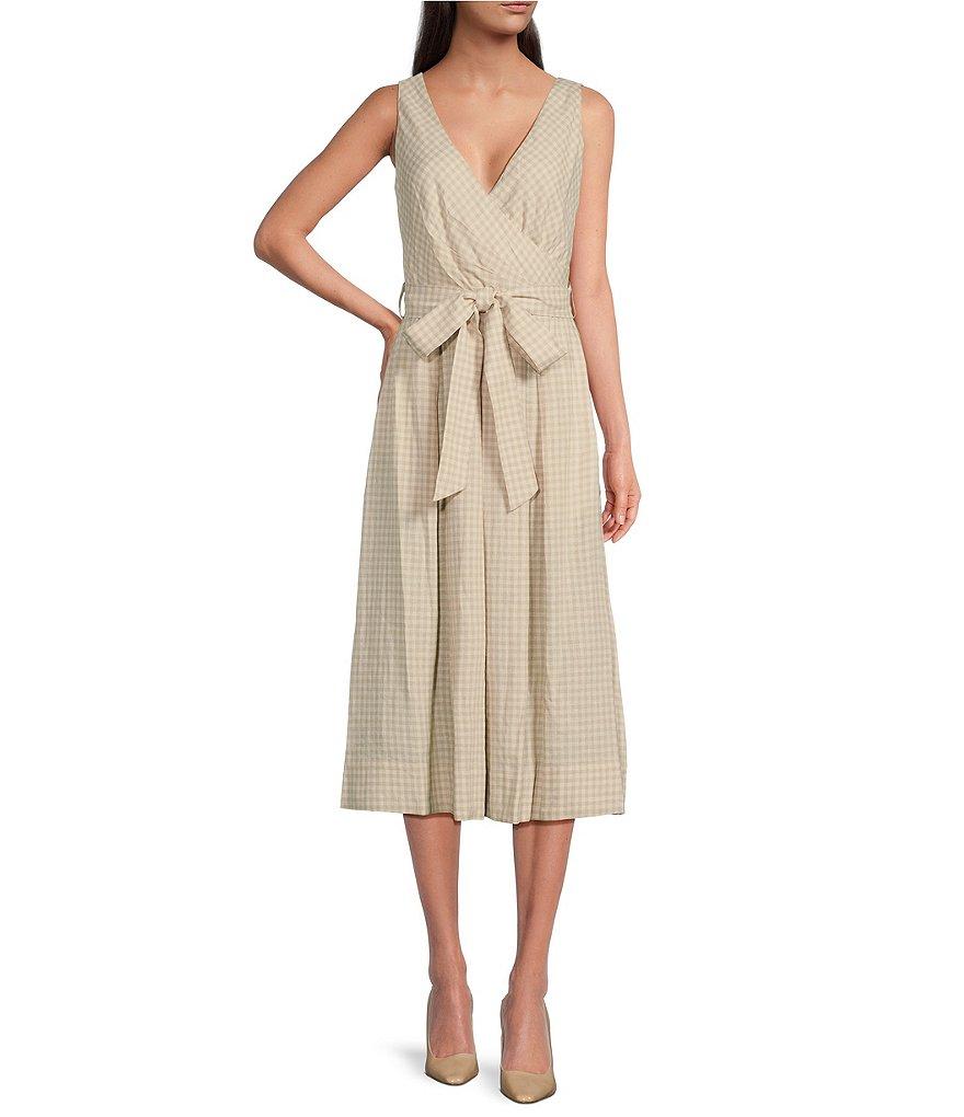 Donna Karan V-Neck Belted Gingham A-Line Midi Dress Product Image