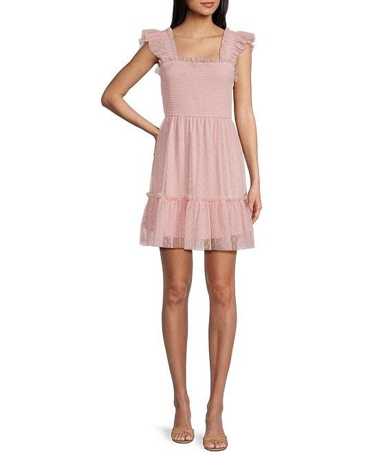 Blu Pepper Lace Smocked Square Neck Sleeveless Tiered Mini Dress Product Image