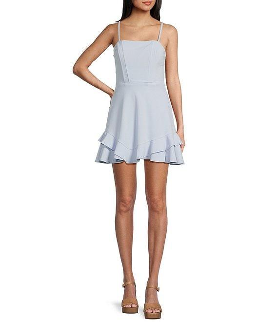 Dear Moon Scuba Crepe Spaghetti Strap Square Neck Corset Tie Back Double Ruffle Dress Product Image