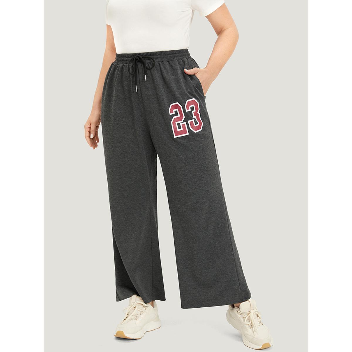 Number Print Drawstring Pocket Elastic Waist Sweatpants DimGray Plus Size Women Casual Dailywear Plain 14-16/1X Bloomchic Product Image