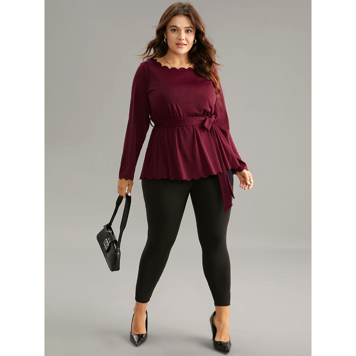 Plus Size Scarlet Solid Scalloped Trim Elastic Waist Belted Blouse Women Office Long Sleeve Round Neck Party Blouses BloomChic 10/M Product Image
