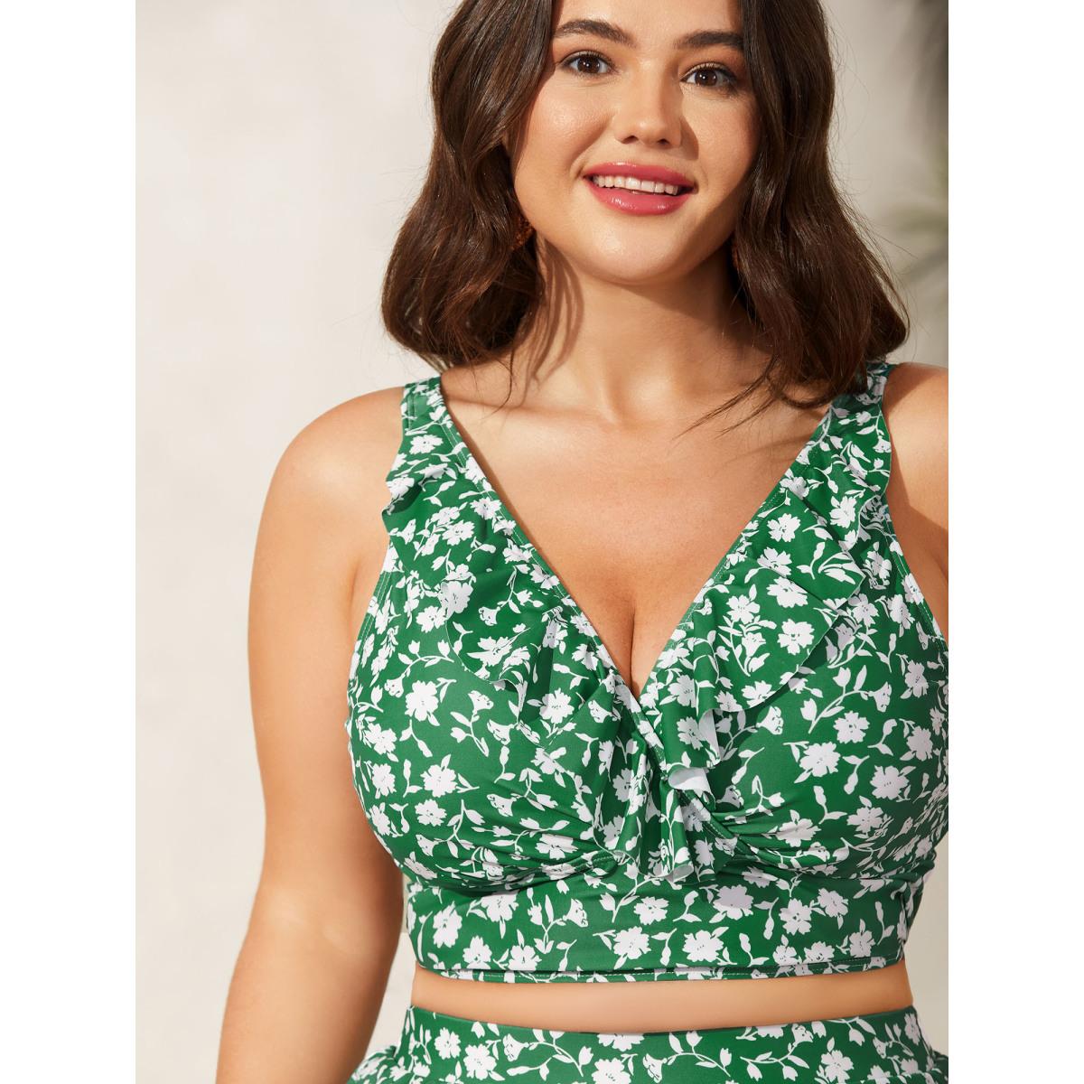 Plus Size Ruffled Ditsy Floral Print Swim Top Women's Swimwear Greenbean Resort Ruffles High stretch Skinny Overlap Collar Curve Swim Tops BloomChic 22-24/3X Product Image