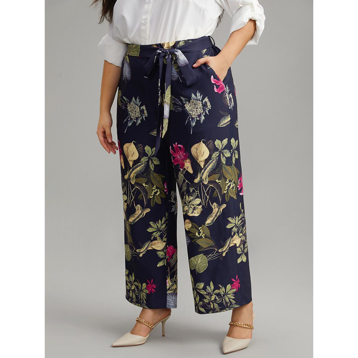 Plus Size Floral Print Belted Straight Leg Pants Women Indigo Elegant Wide Leg High Rise Dailywear Pants BloomChic 12/L Product Image