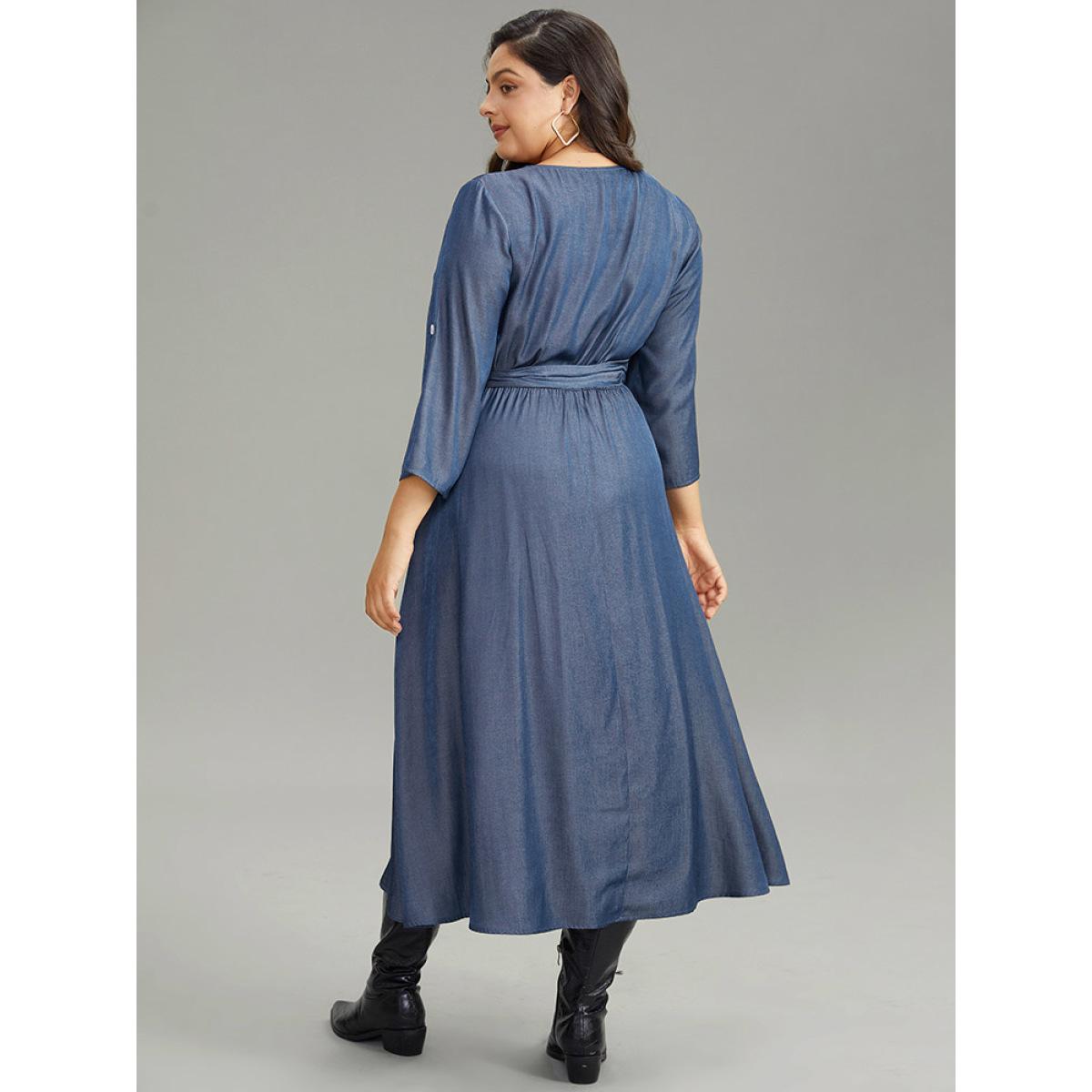 Plus Size Plain Button Detail Wrap Belted Tab Sleeve Dress Indigo Women Casual Plain V-neck Long Sleeve Curvy Midi Dress BloomChic 22-24/3X Product Image