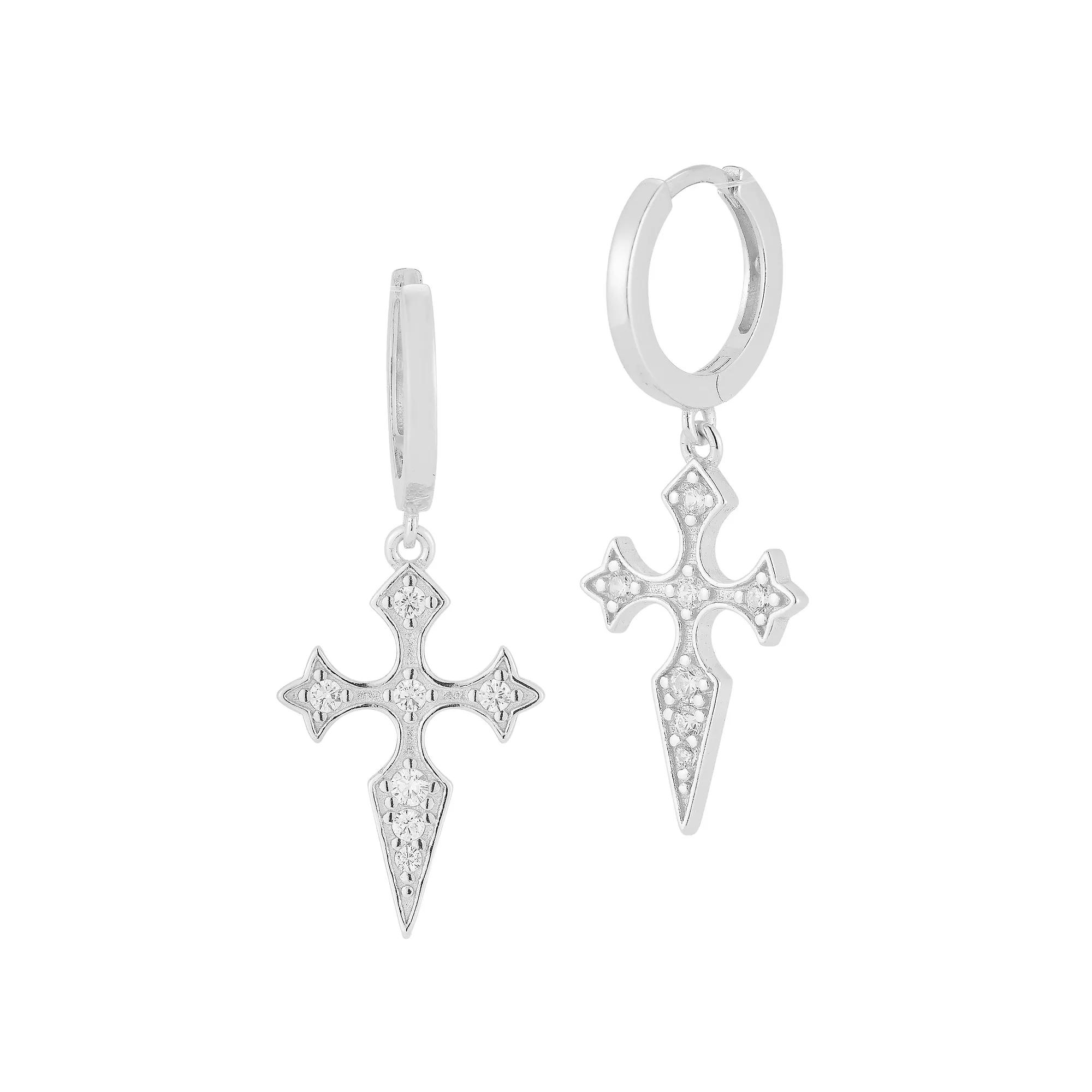 Sunkissed Sterling Cubic Zirconia Cross Charm Huggie Hoop Earrings, Womens, Silver Tone Product Image