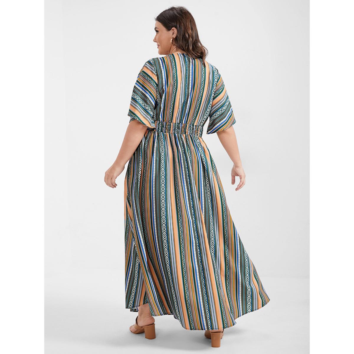 Multi Striped Bohemian Print Plus Size Women Maxi Dress Dailywear Elastic Waist Dolman Short Sleeve V Neck Pocket Vacation Dresses Product Image