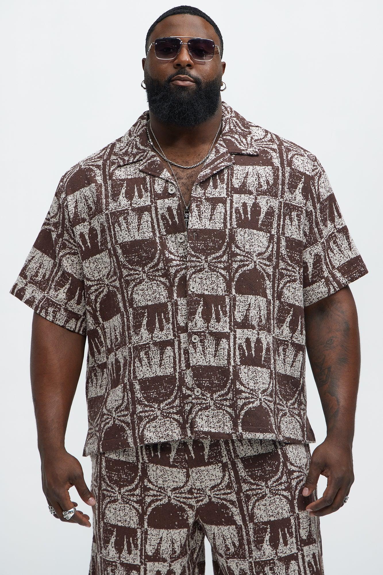 Tribal Pattern Cuban Button Down Shirt - Brown Combo Product Image