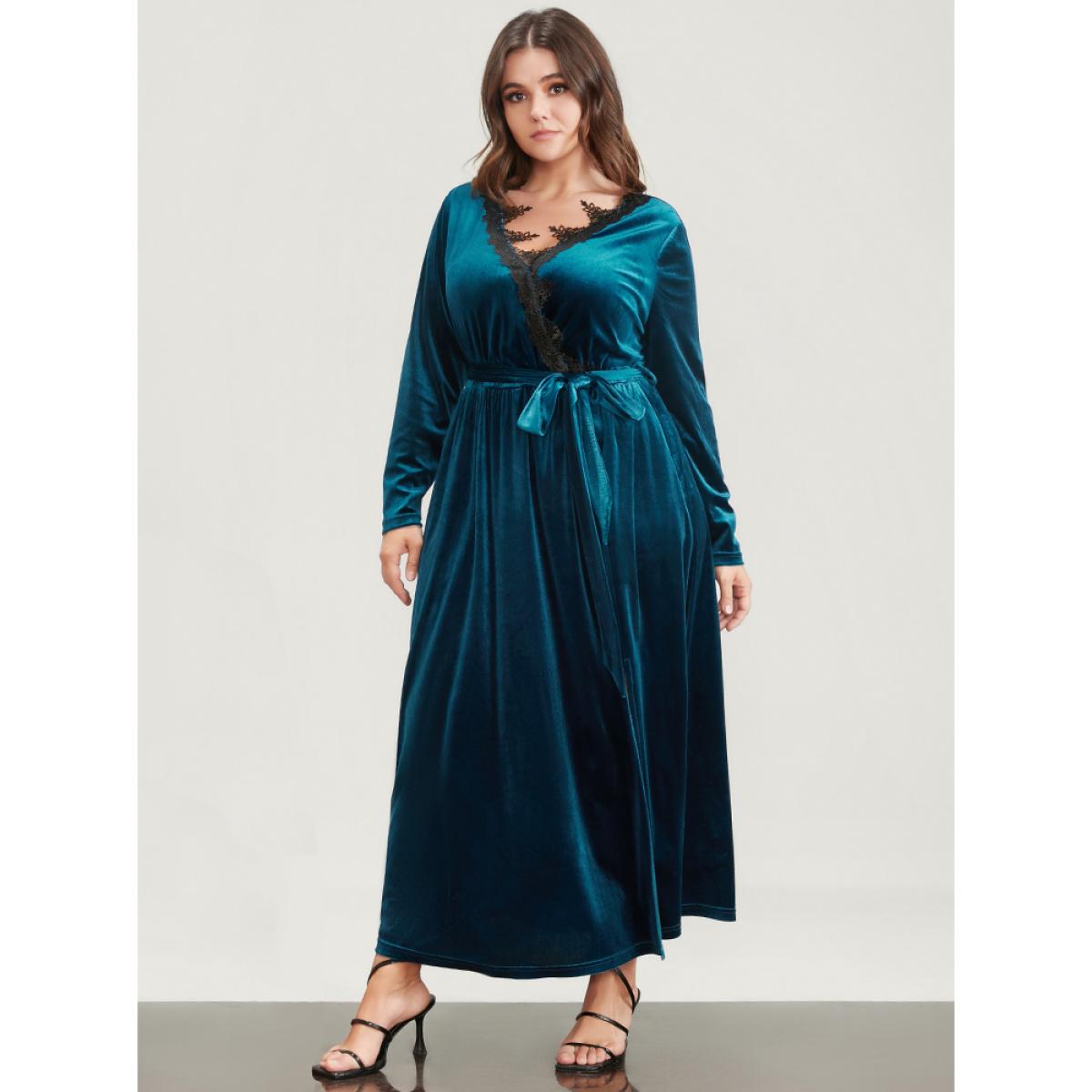 Plus Size Halloween Solid Wrap Lace Trim Pocket Belted Split Maxi Dress Aegean Women Party Patchwork V-neck Long Sleeve Curvy Long Dress BloomChic 30/6X Product Image