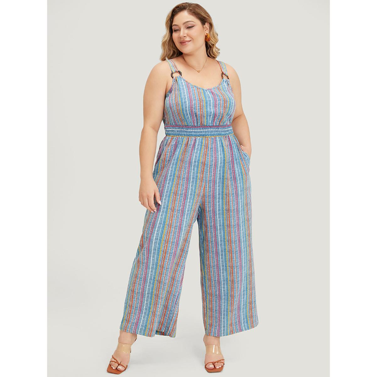 Plus Size Stone Striped Contrast Buckle Detail Pocket Shirred Jumpsuit Women Vacation Sleeveless Spaghetti Strap Dailywear Loose Jumpsuits BloomChic 30/6X Product Image