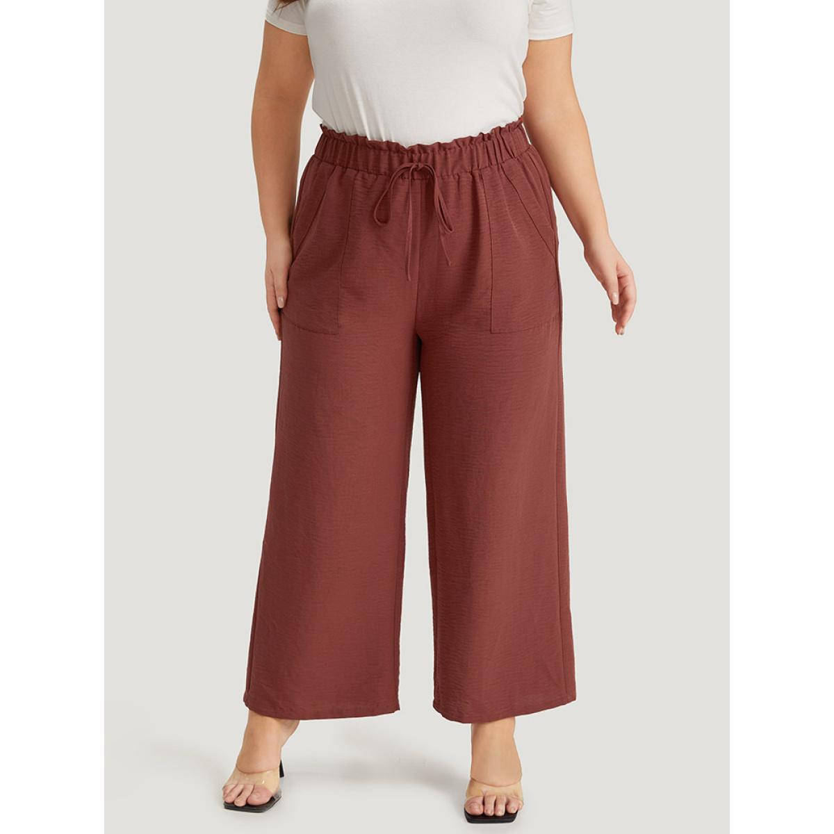 Plus Size Solid Paperbag Waist Pocket Ties Pants Women Tan Elegant High Rise Dailywear Pants BloomChic 10/M Product Image