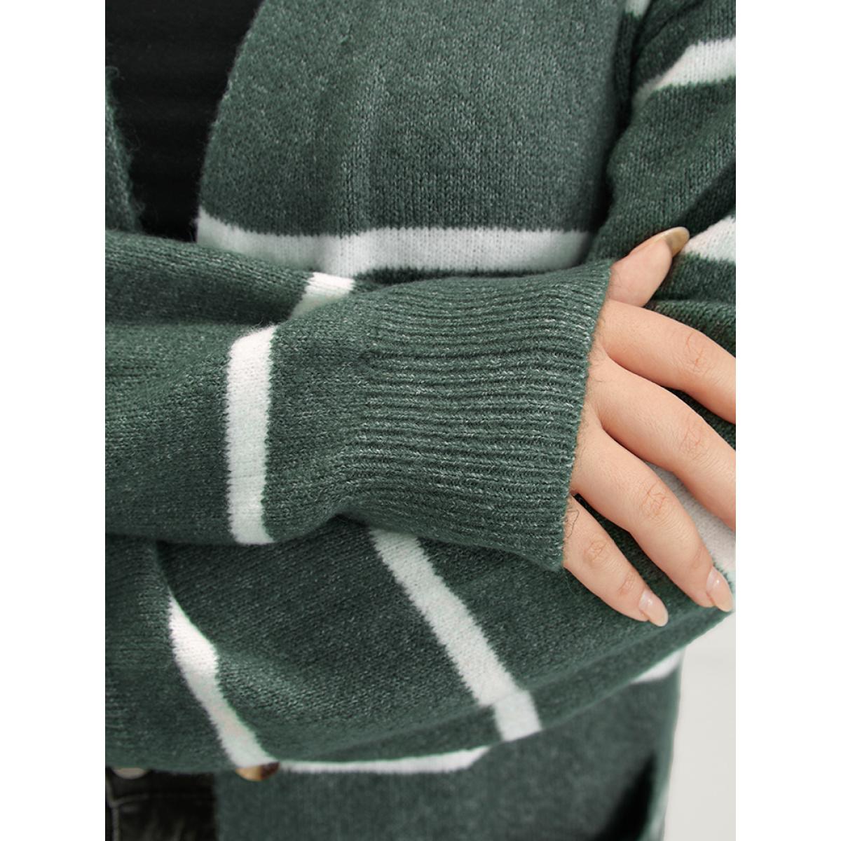 Plus Size Striped Contrast Super Soft Plush Knit Pocket Button Front Cardigan DarkGreen Women Casual Loose Long Sleeve Dailywear Cardigans BloomChic 18-20/2X Product Image
