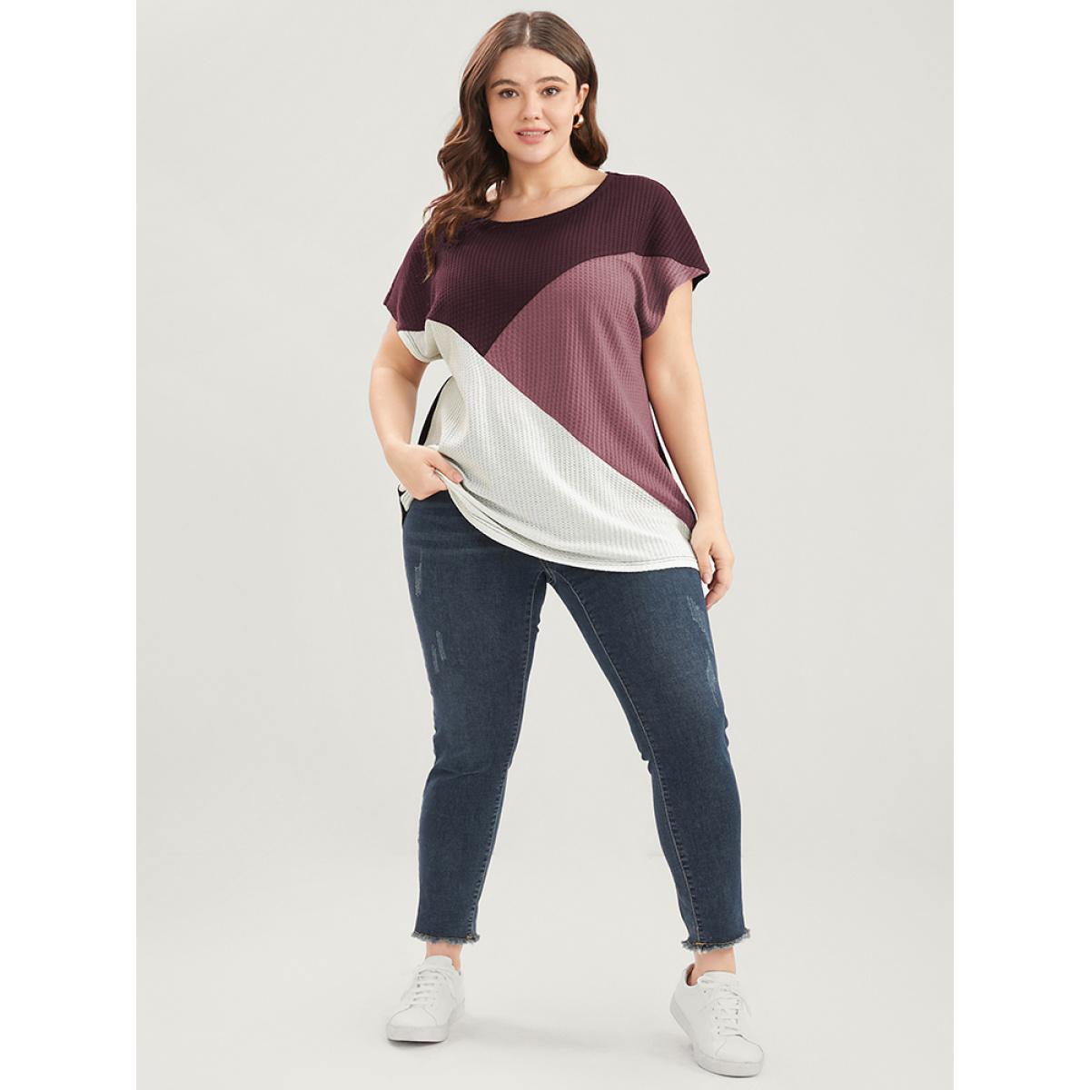 Plus Size Colorblock Contrast Dolman Sleeve Waffle Knit Tee Scarlet Women Casual Plain Round Neck Dailywear T-shirts BloomChic 14-16/1X Product Image
