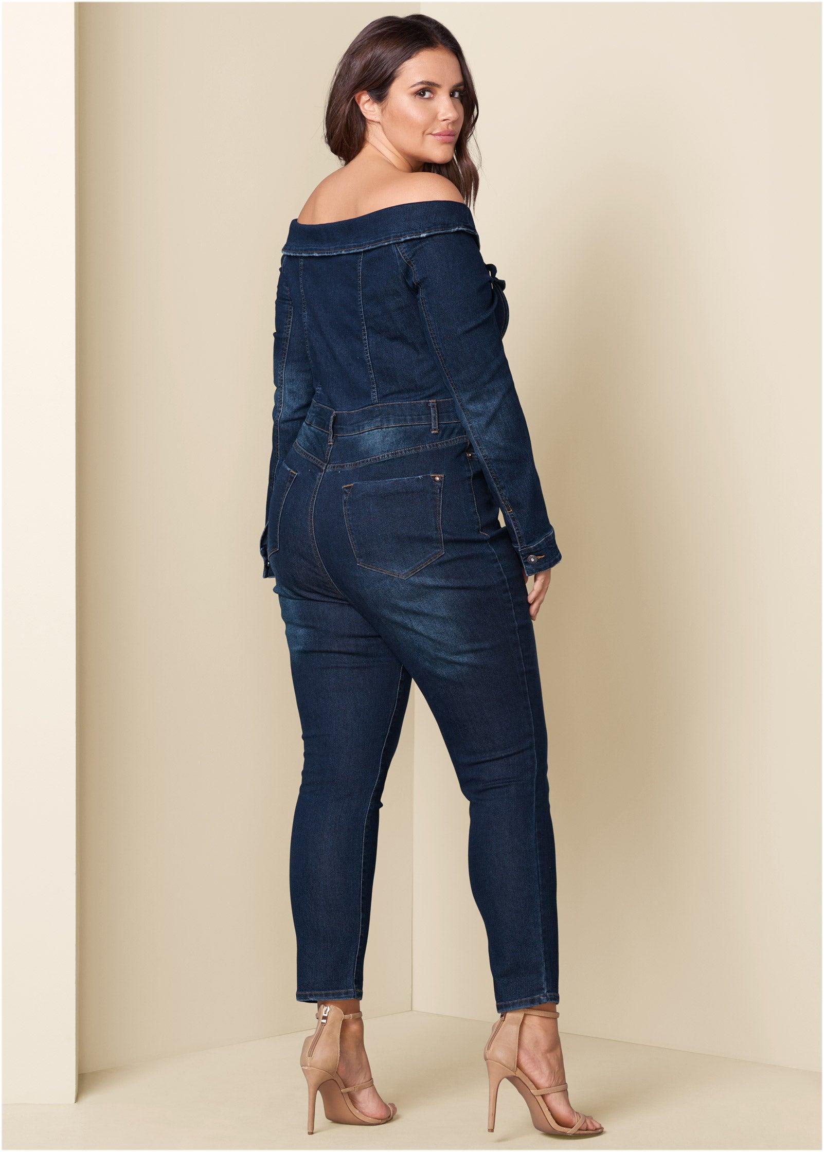 Off-The-Shoulder Denim Jumpsuit - Dark Wash Product Image