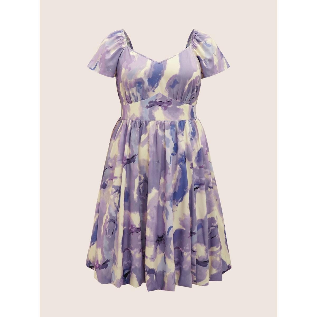 Plus Size Watercolor Floral Bubble Hem Pockets Dress DarkViolet Women Romantic Gathered Heart neckline Cap Sleeve Curvy BloomChic 14-16/1X Product Image