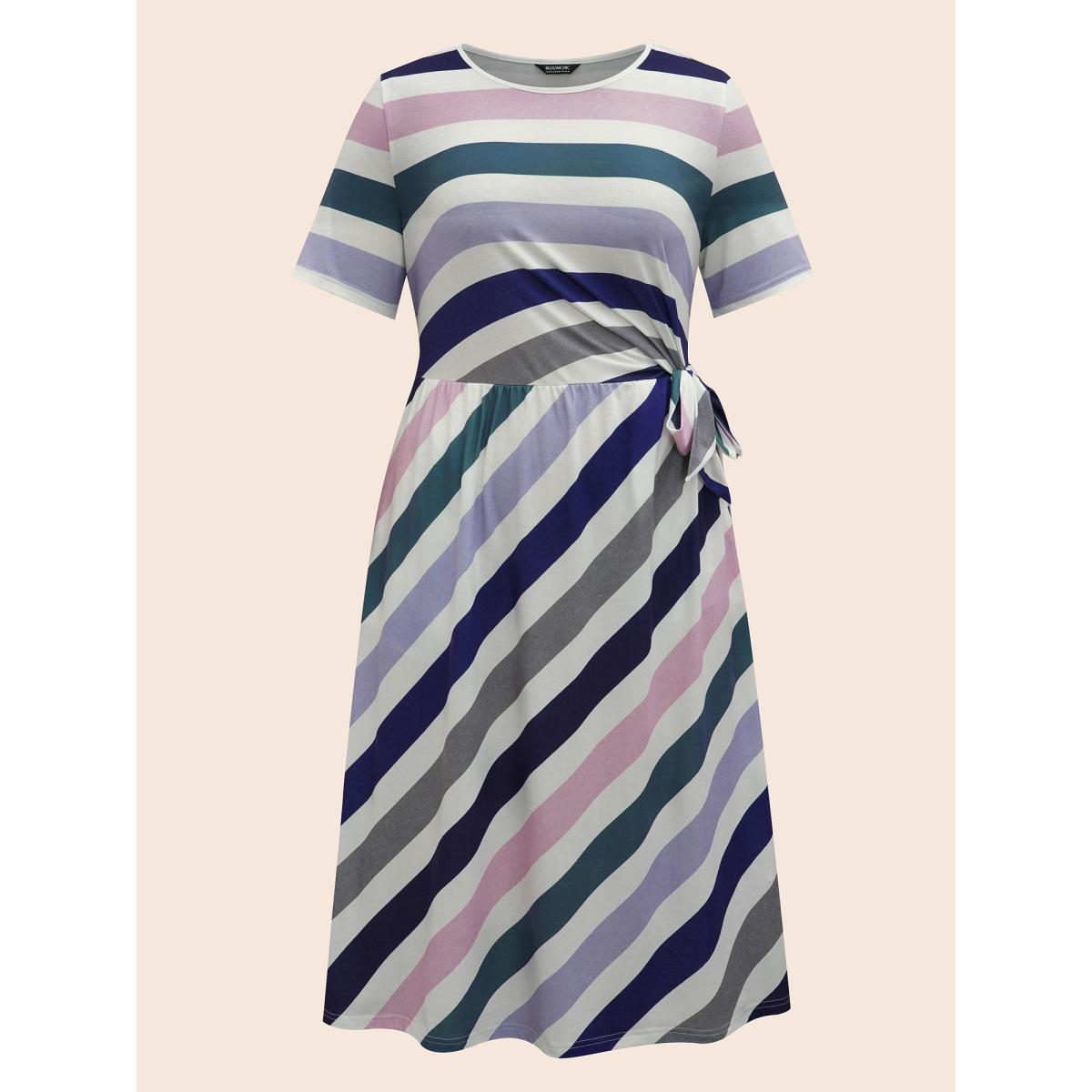 Plus Size Striped Waist-Tie Half Sleeve Midi Dress Multicolor Women Casual Tie knot Knit Dresses Bloomchic 30/6X Product Image