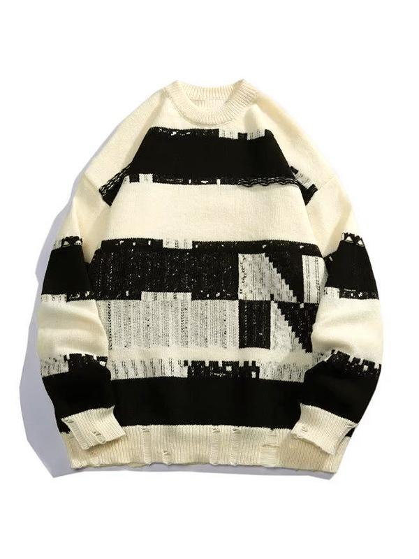 Men's Contrast Color Tattered Irregular Design Sweater Product Image