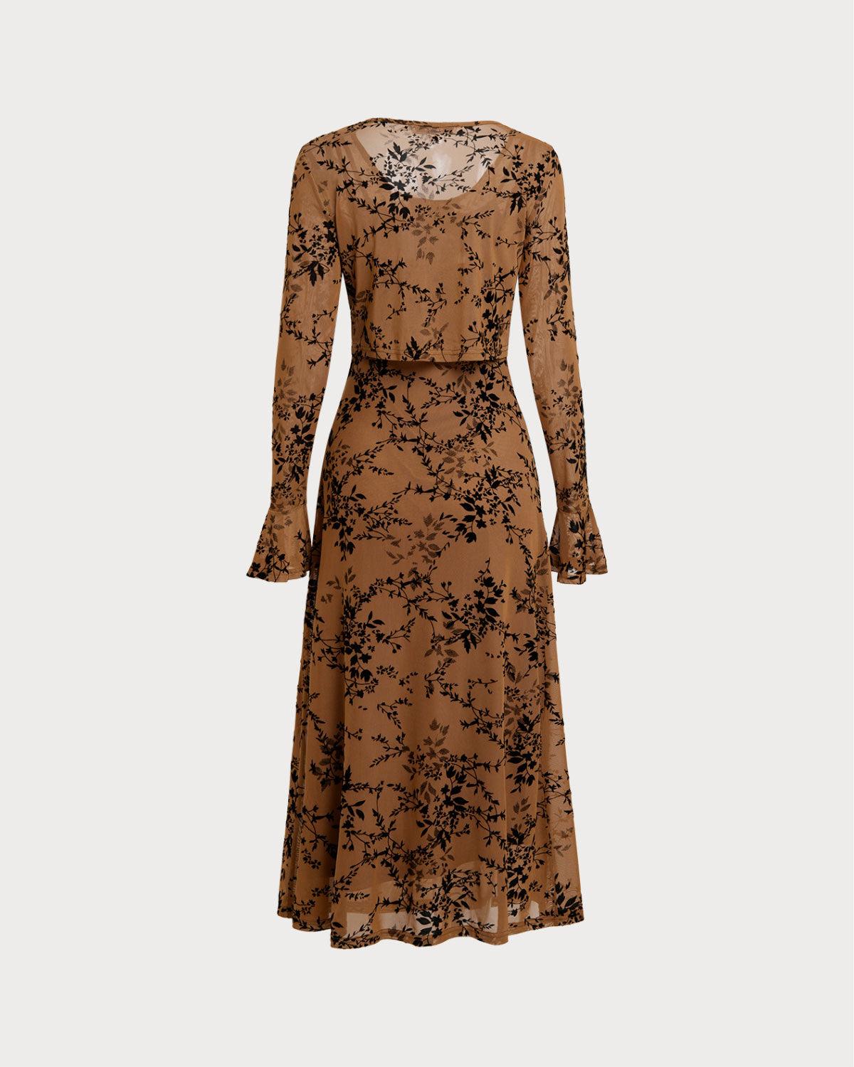 Brown Floral Two-piece Midi Dress Product Image