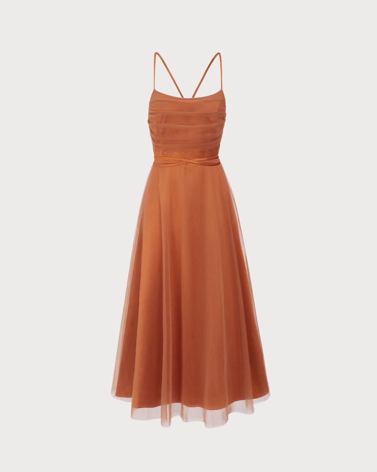 Caramel Mesh Flowy Slip Midi Dress Product Image