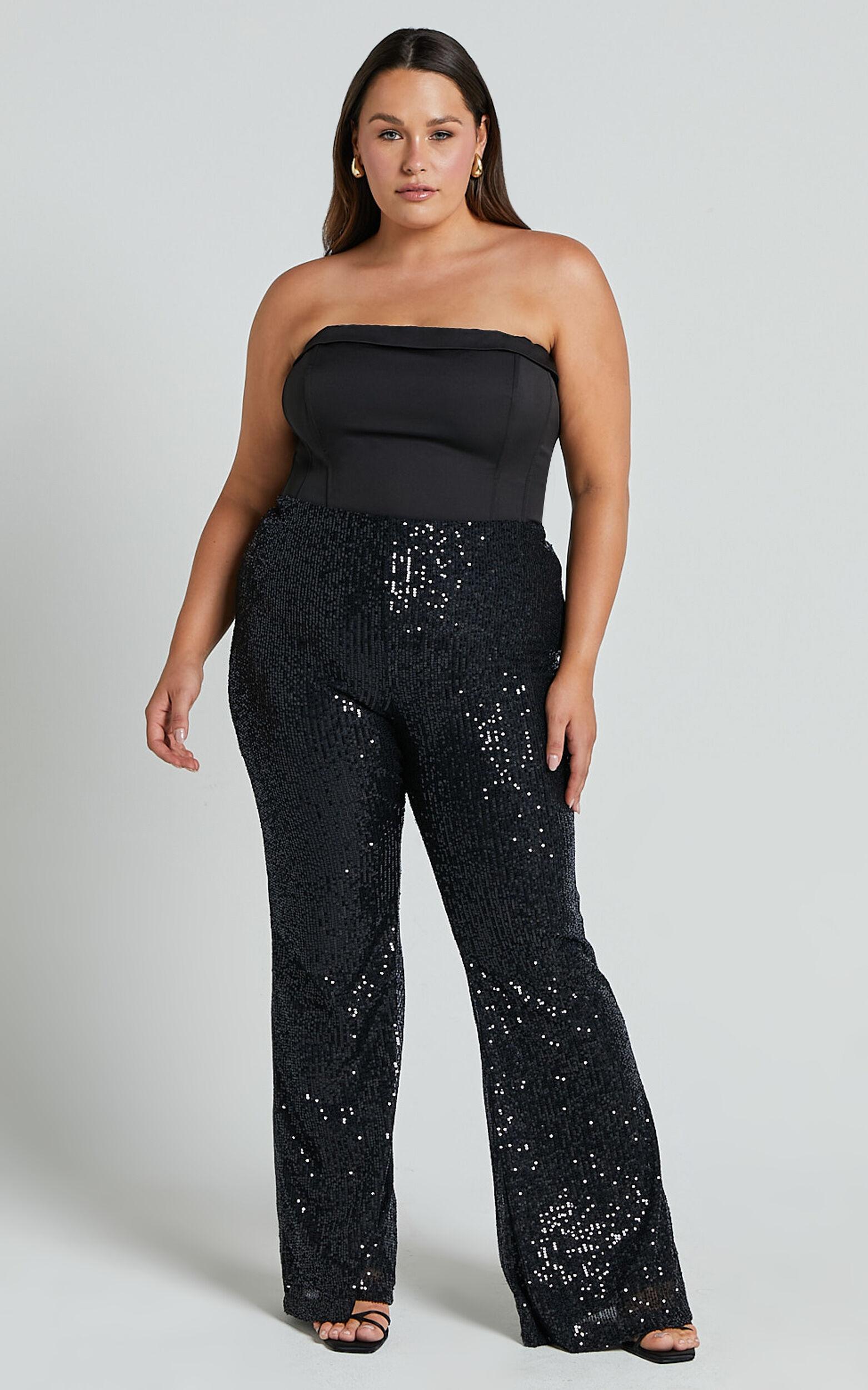 Deliza Pants - Mid Waisted Sequin Flare Pants in Black Product Image