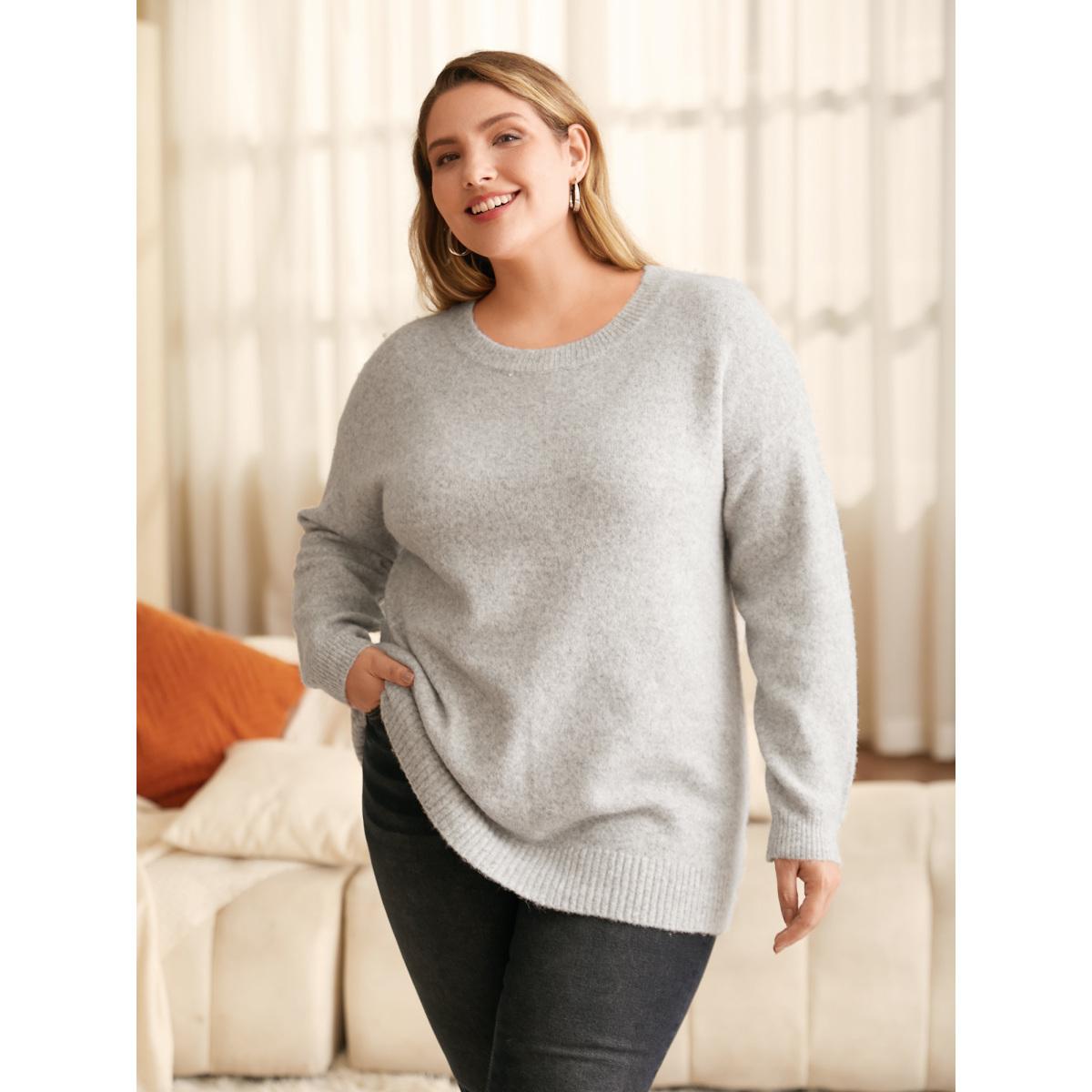 Plus Size Airy Cozy Drop Shoulder Wool Pullover LightGray Women Casual Long Sleeve Round Neck Everyday Pullovers BloomChic 28/5X Product Image