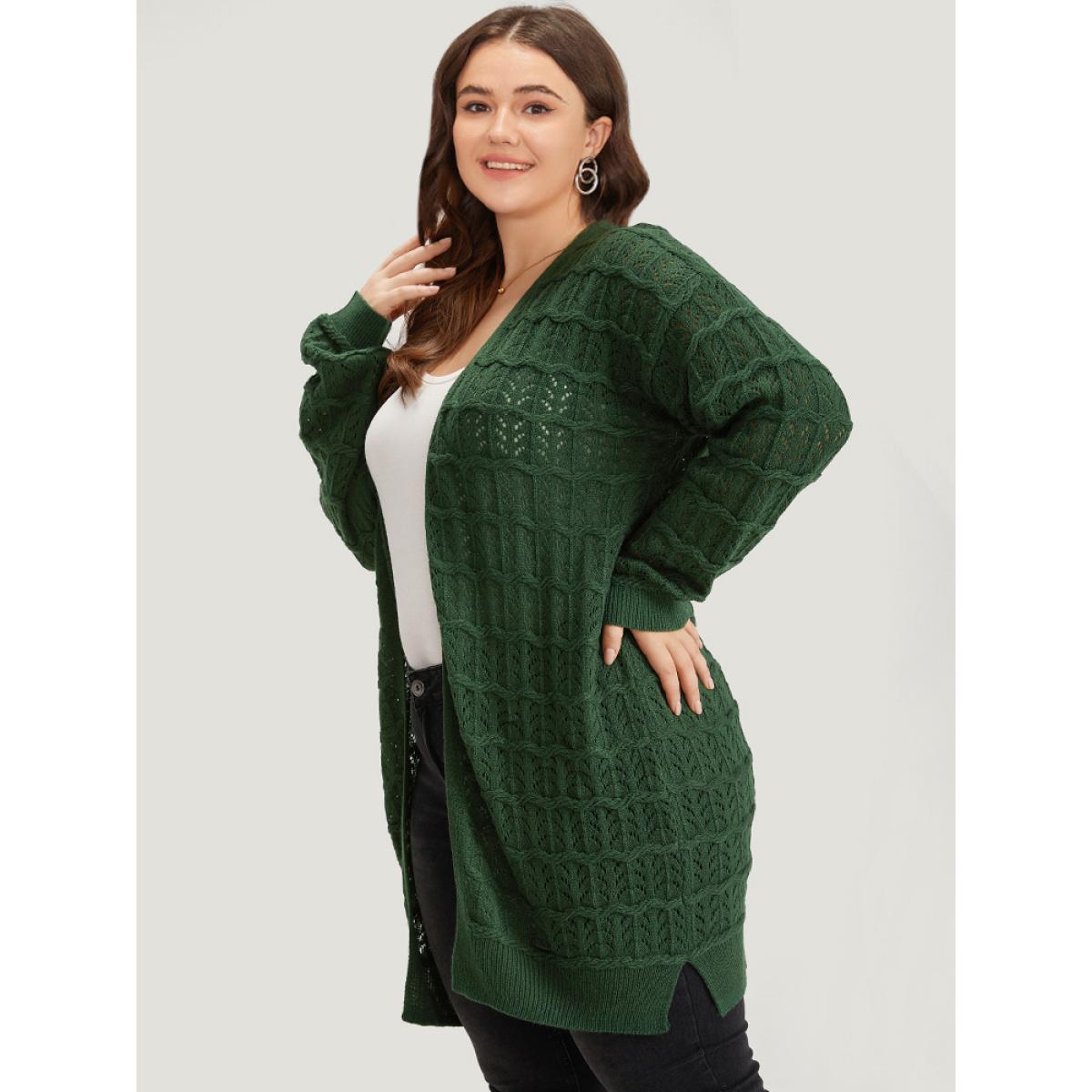 Plus Size Plain Geometric Eyelet Cable Knit Tunic Cardigan DarkGreen Women Casual Loose Long Sleeve Everyday Cardigans BloomChic 12/L Product Image