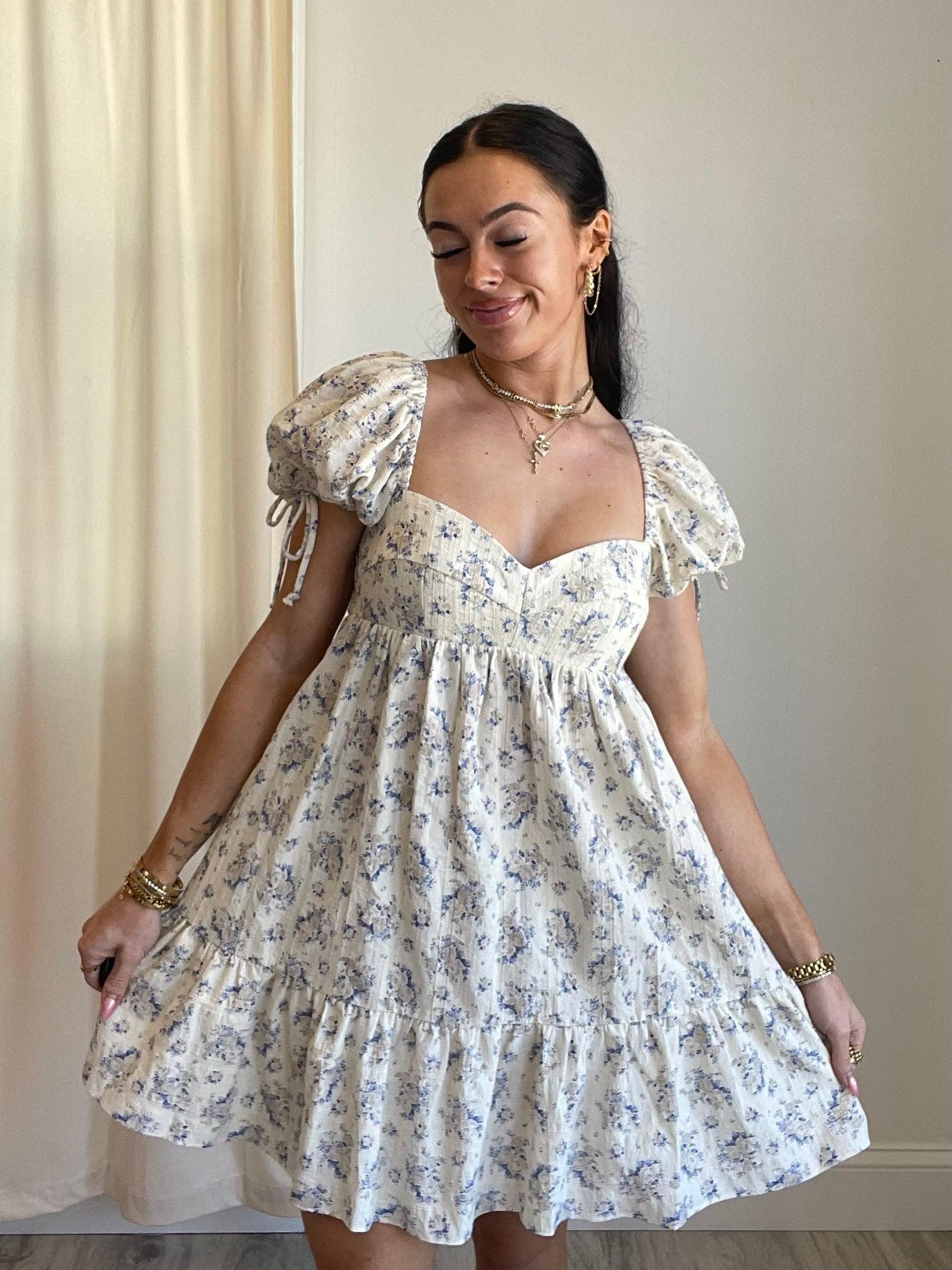 FINAL SALE Bardot Floral Babydoll Dress | Taupe Blue Product Image