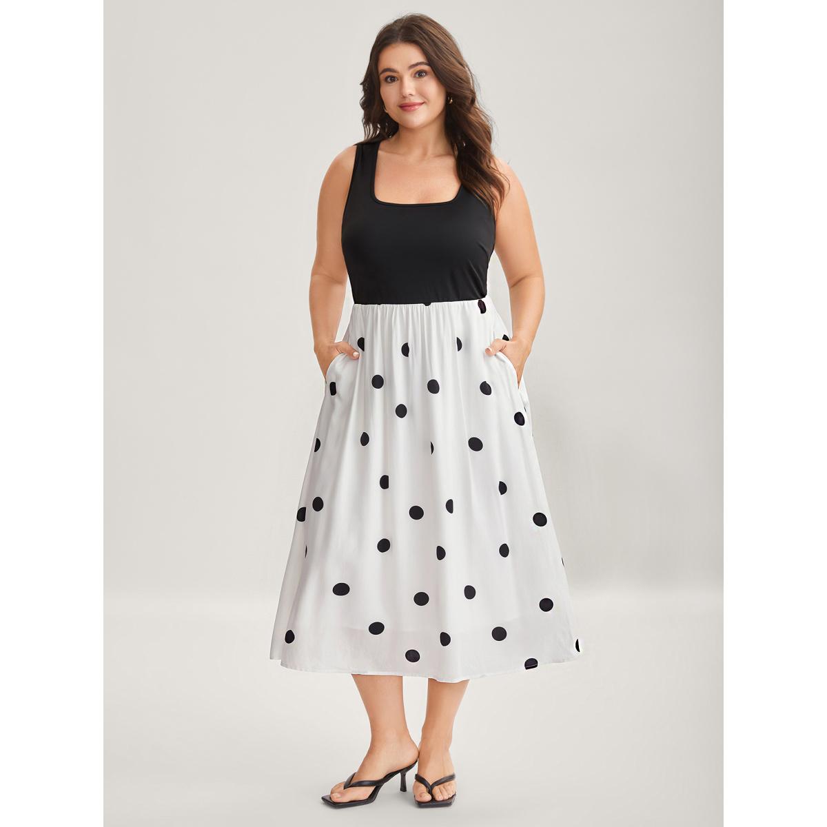 Plus Size Polka Dots Stretchy Waist Pockets Midi Dress Black Women U-neck Sleeveless Curvy BloomChic 30/6X Product Image