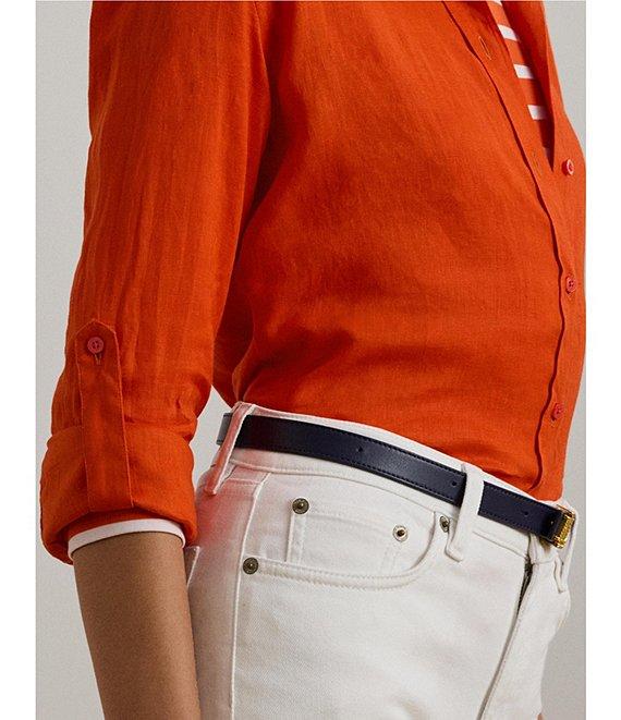 Lauren Ralph Lauren Petite Size Woven Point Collar Long Roll-Tab Sleeve Button Front Shirt Product Image